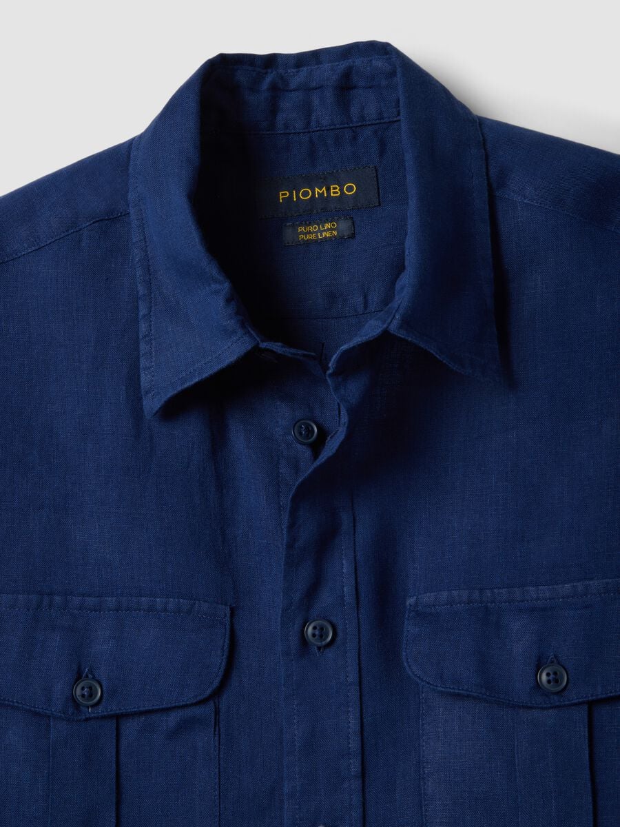 Camicia in puro lino blu regular fit con doppia tasca_6