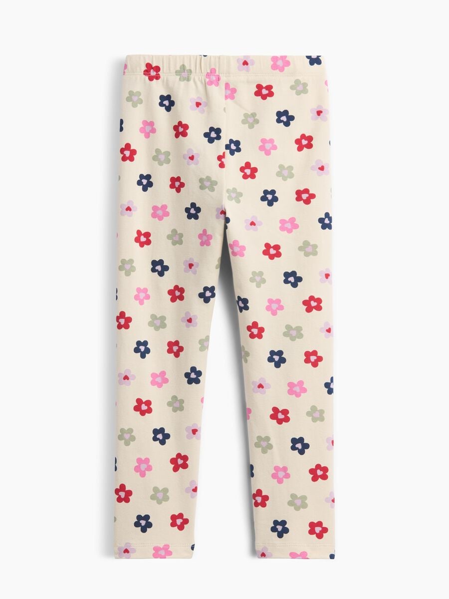 Leggings beige in cotone elasticizzato con fantasia floreale_1