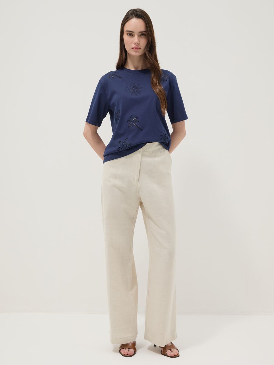 Blue pure cotton T-shirt with openwork embroidery, regular fit_2