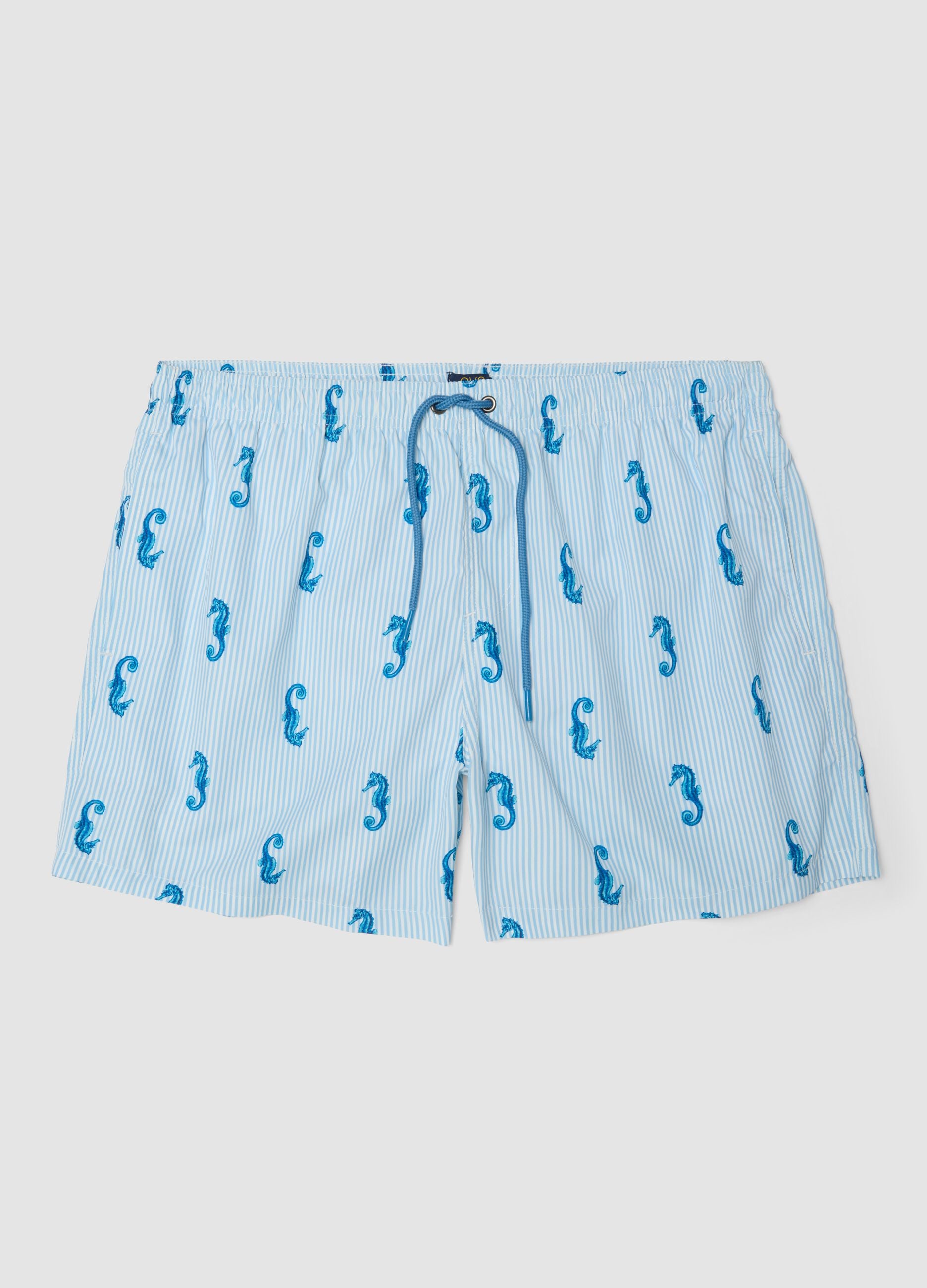 Blue striped swim shorts with seahorse print