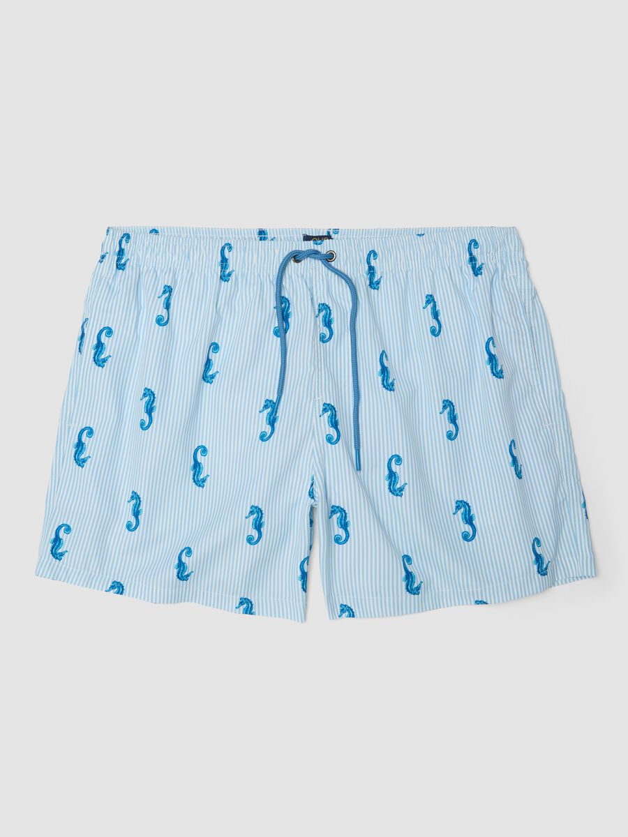 Blue striped swim shorts with seahorse print_0