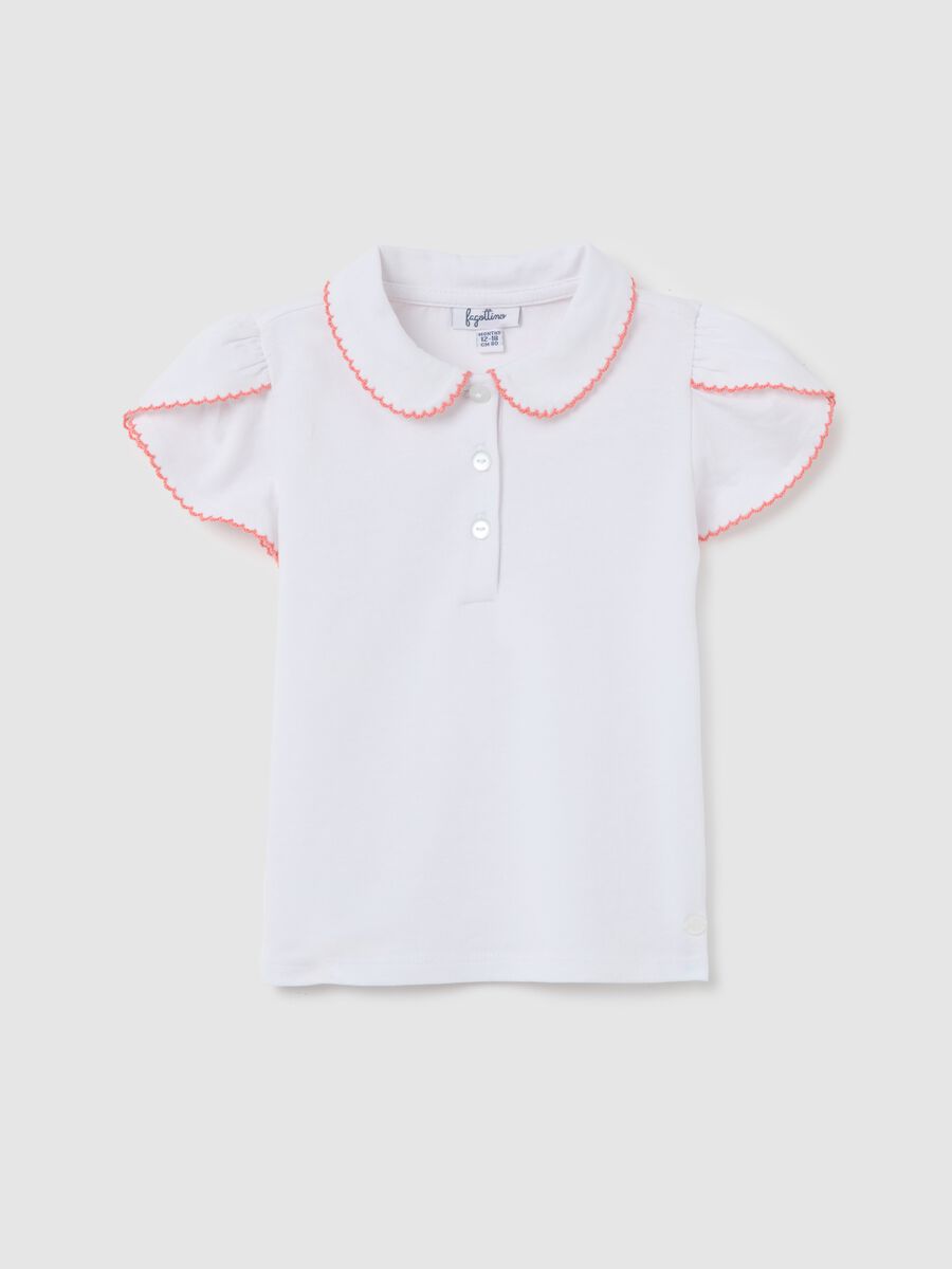 White stretch cotton polo shirt with flounce_0