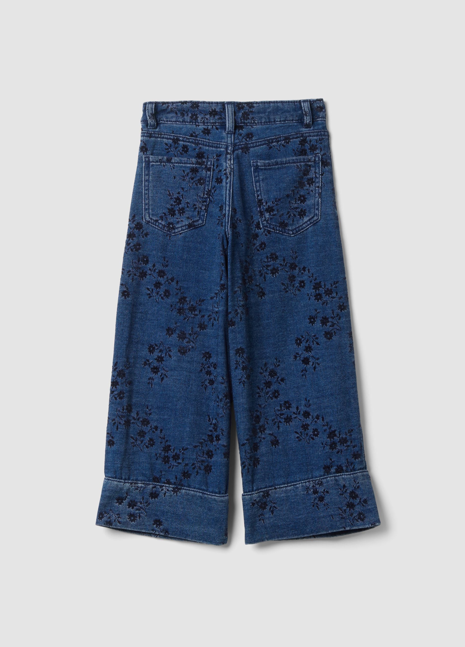 Blue cotton-blend straight-fit jeans with floral print