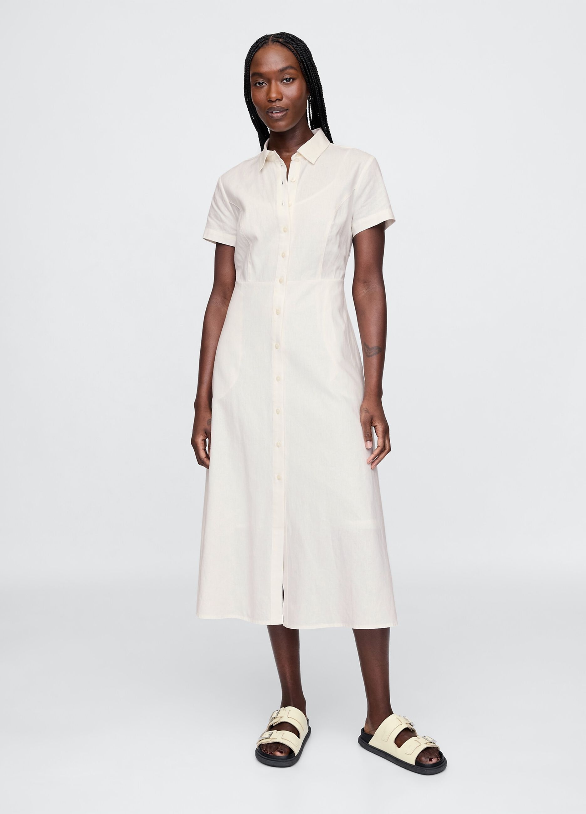 Long beige shirt dress in linen and viscose