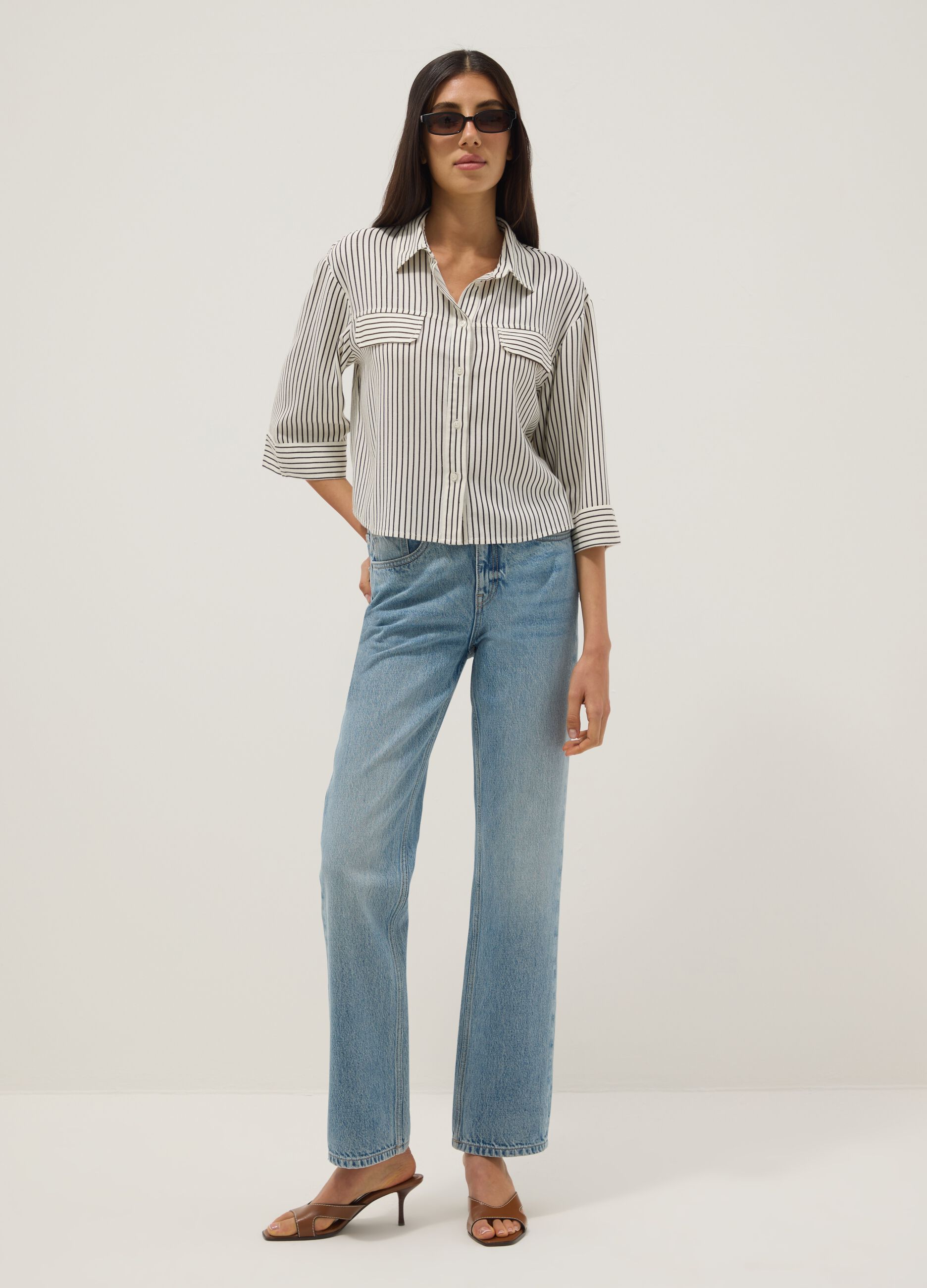 Regular-fit white and brown striped viscose-linen blend shirt