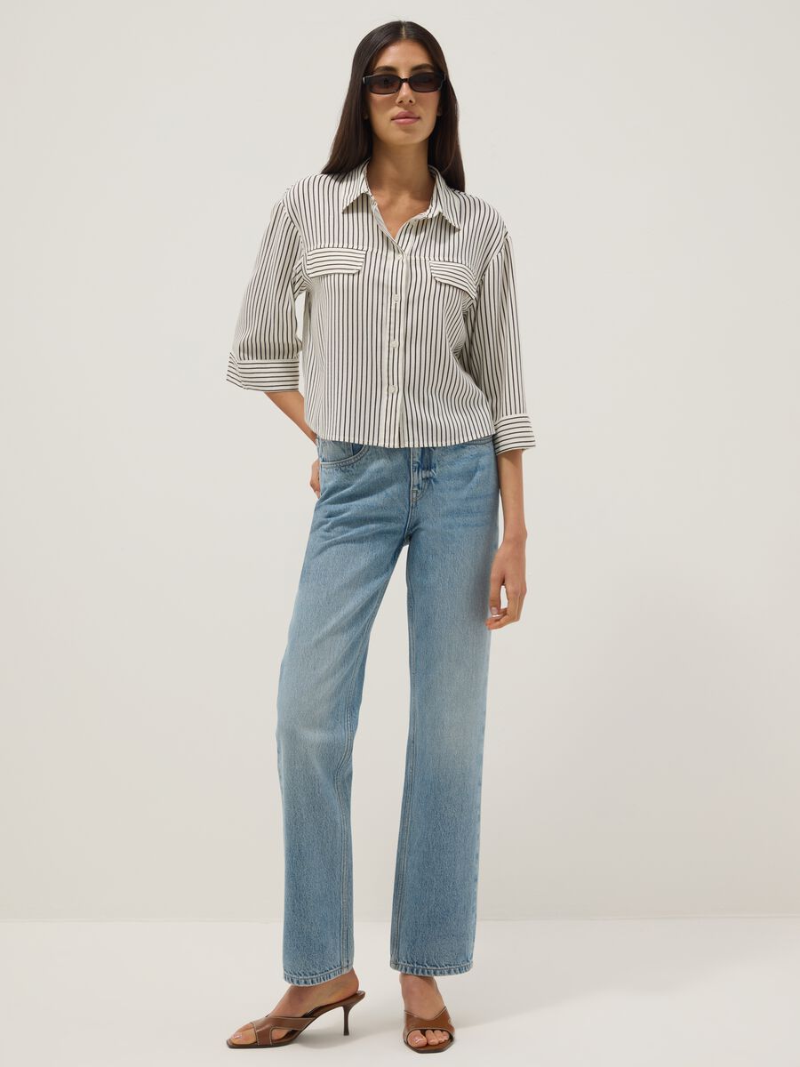 Regular-fit white and brown striped viscose-linen blend shirt_3