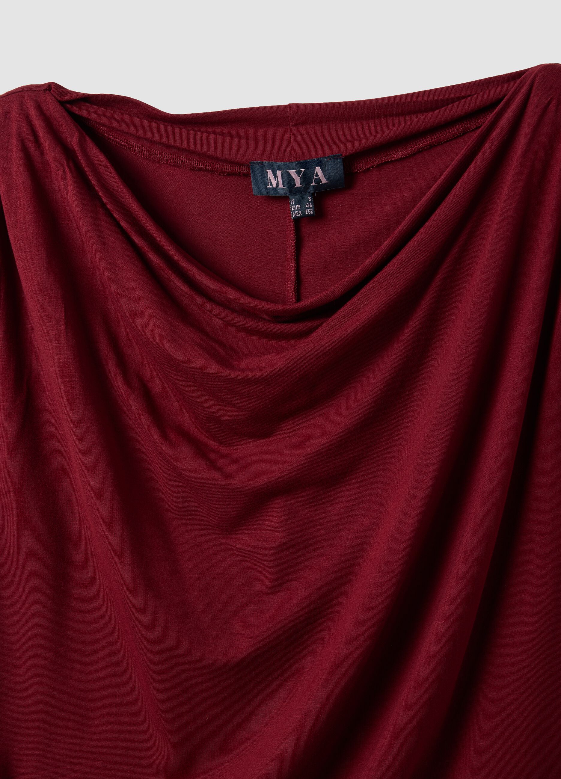 Red stretch viscose T-shirt with draped neckline