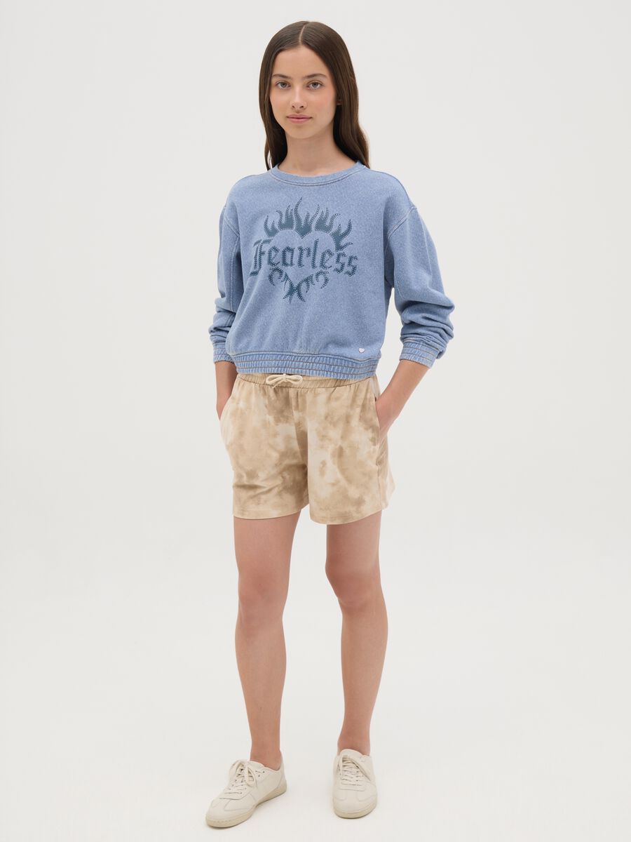 Shorts in cotone beige con coulisse stampa astratta_0