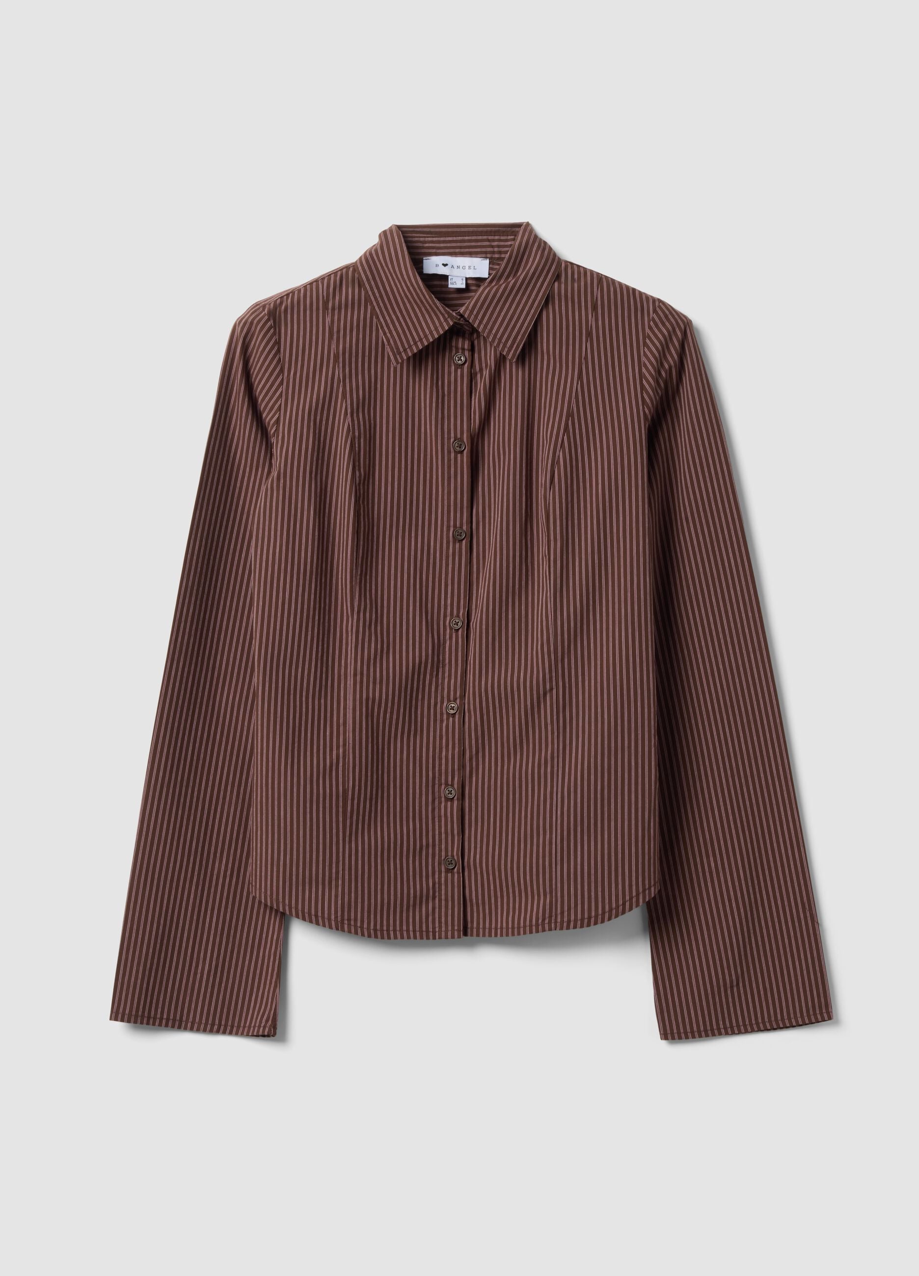 Brown striped slim-fit pure cotton poplin shirt