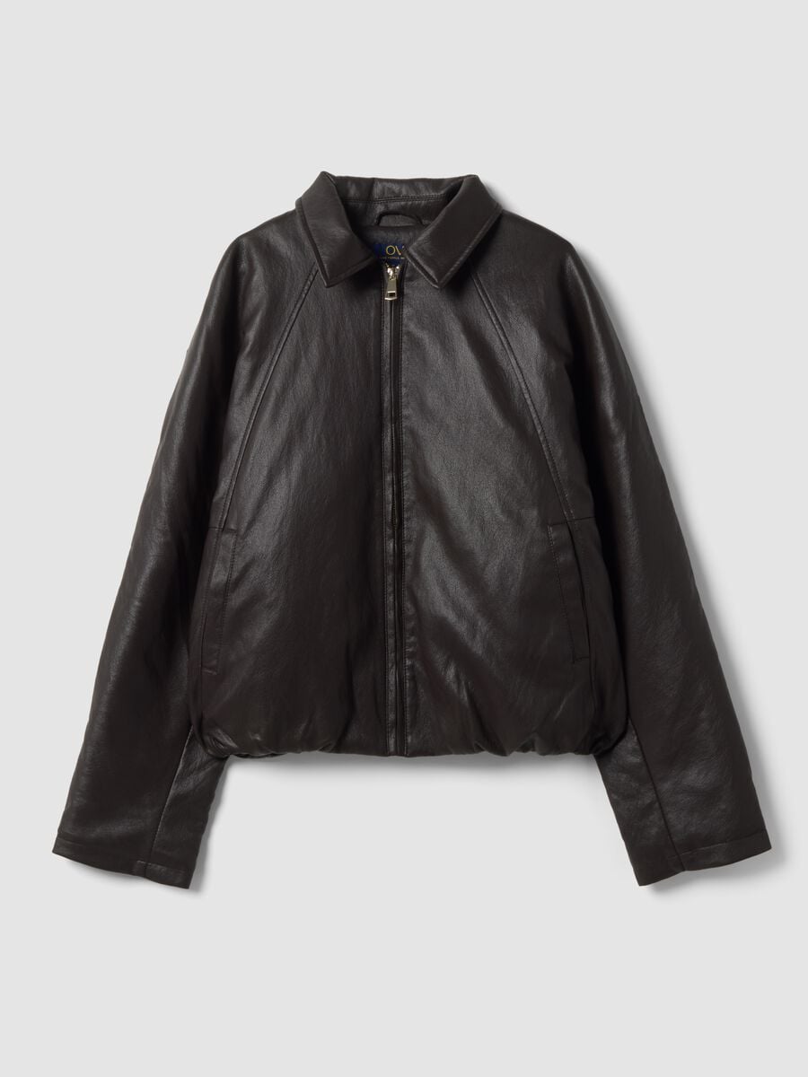 Brown padded viscose-blend jacket with zip and oversized fit_0