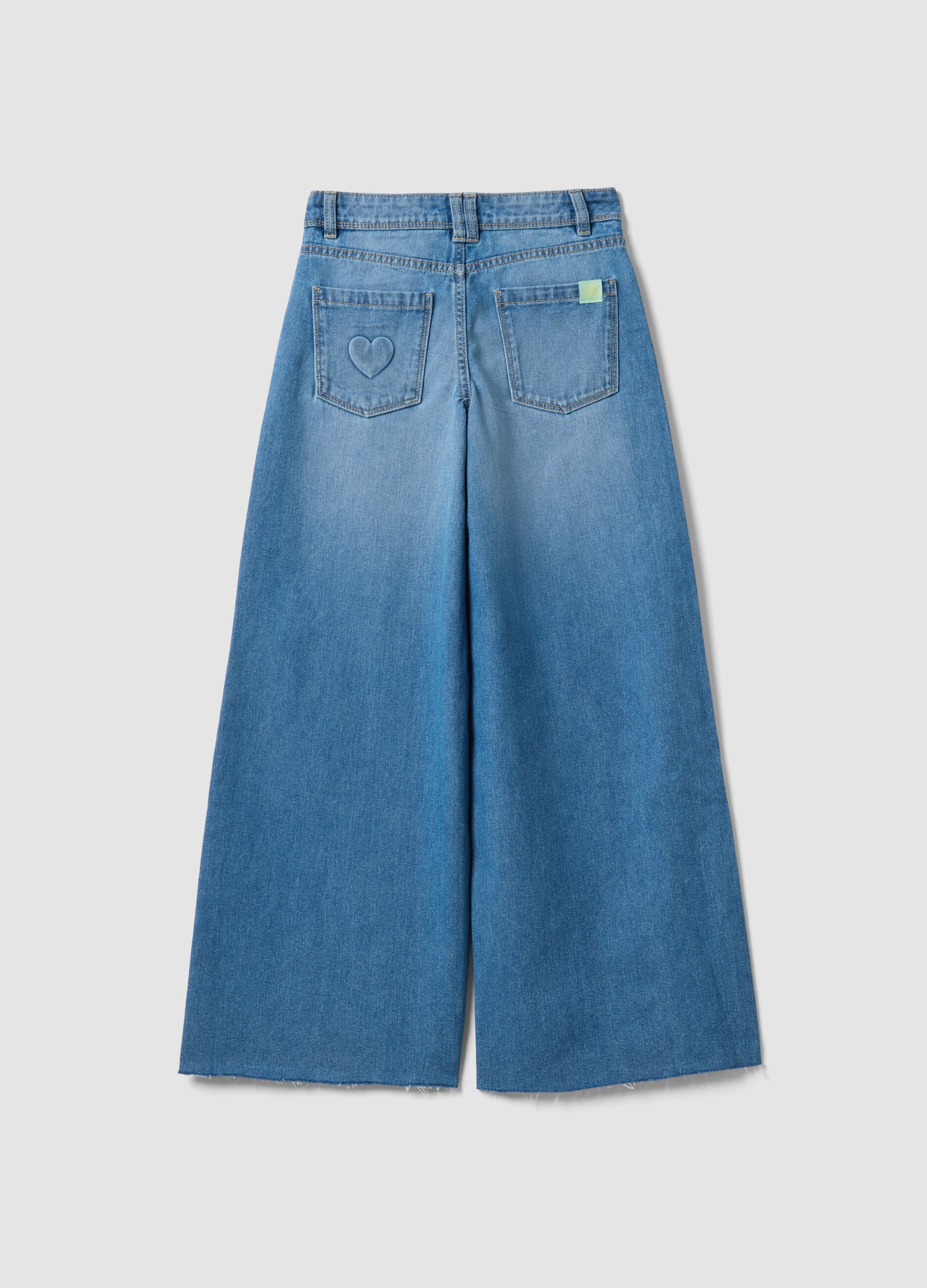 Girls' wide leg denim blue pure cotton jeans
