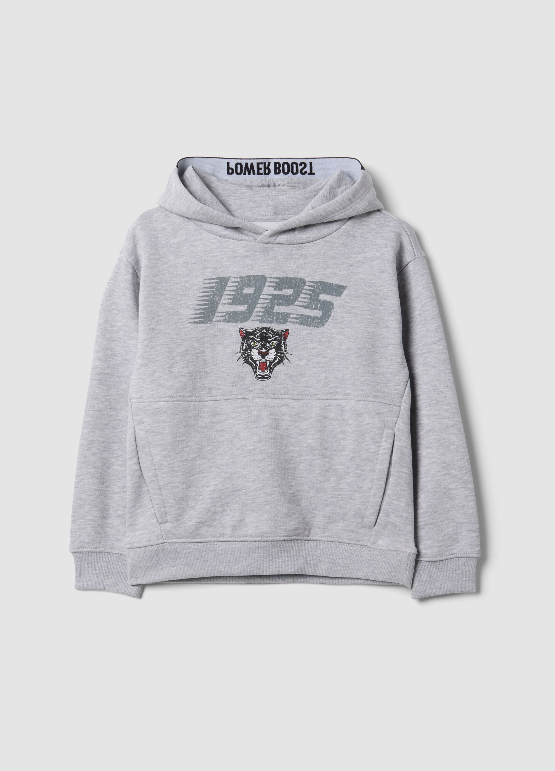 Grey hooded sweatshirt in cotton-viscose blend with print for boys