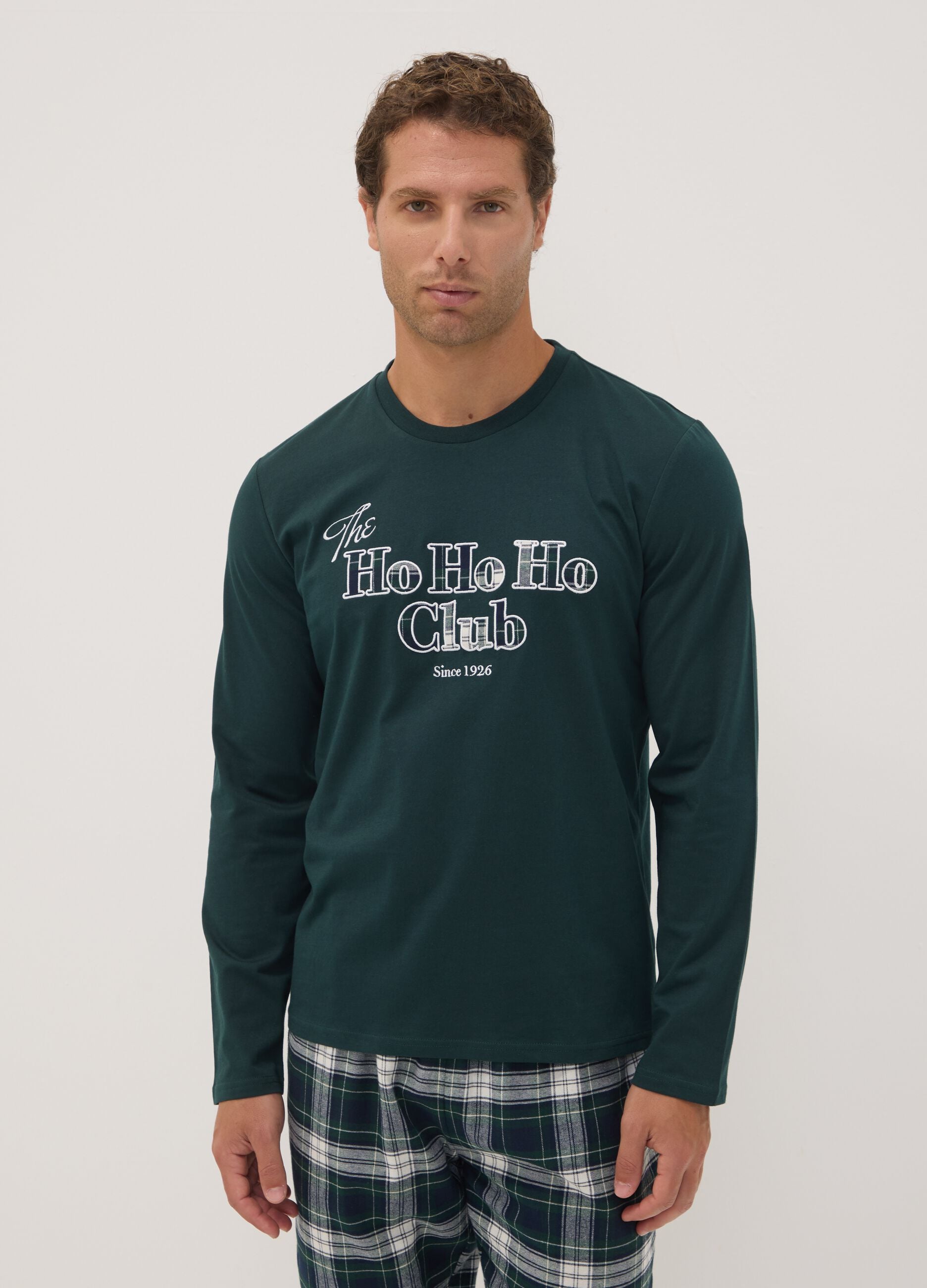 Dark green pure cotton crew-neck pyjamas