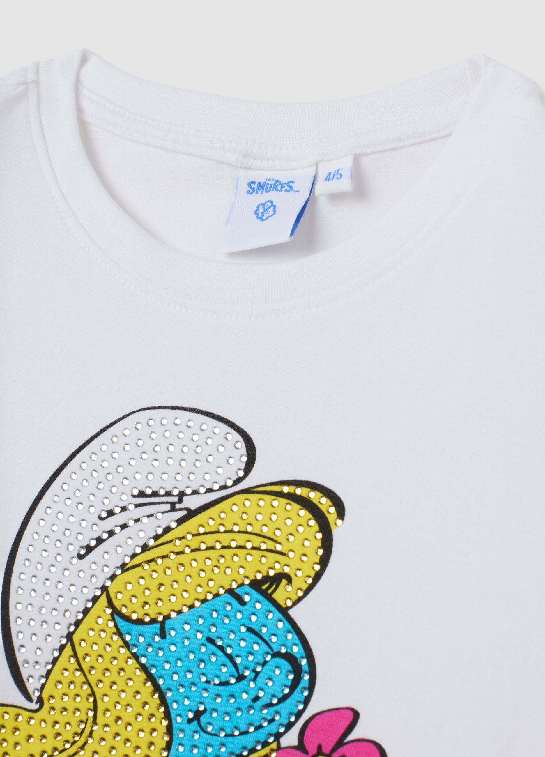 Girls' white stretch cotton T-shirt regular fit with Smurfs print