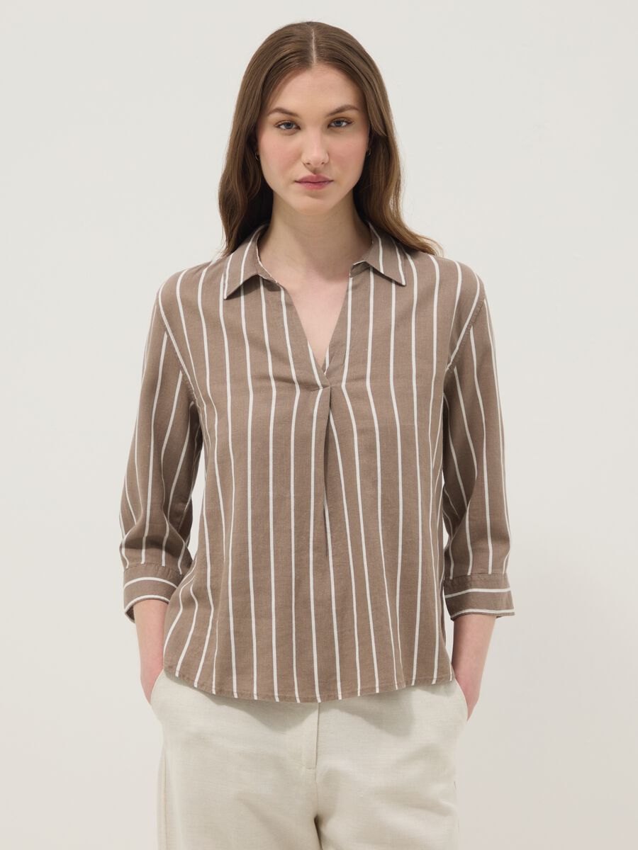 Camicia marrone a righe in misto lino e viscosa_1