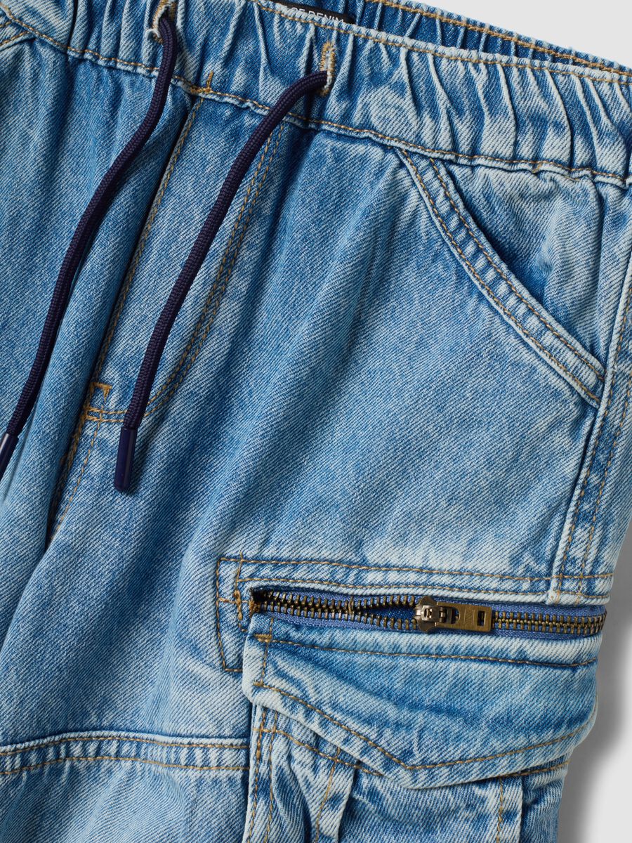 Light blue pure cotton cargo jeans with elasticated waist, relaxed fit_4