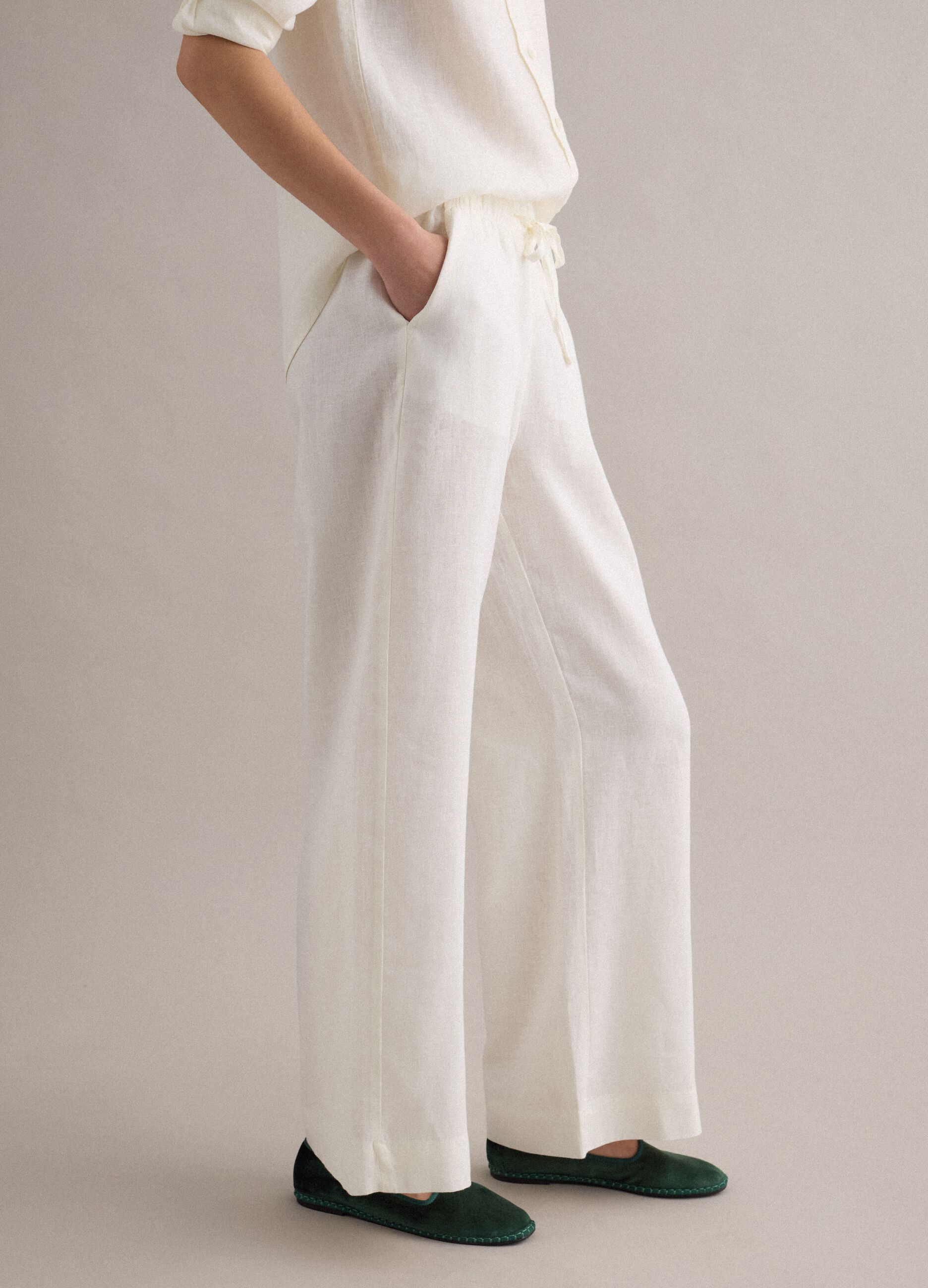 White pure linen straight-fit drawstring trousers