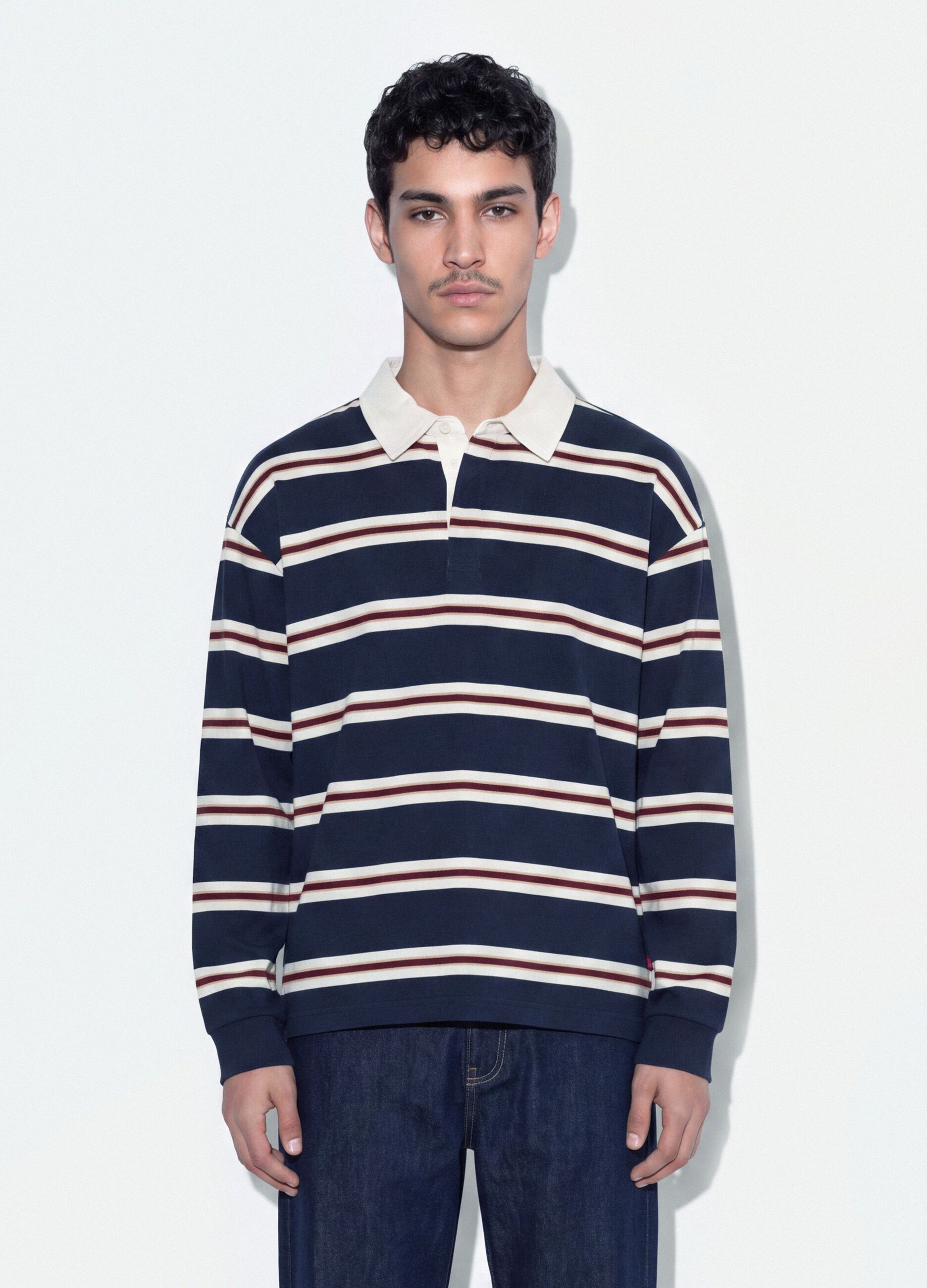 Blue striped pure cotton rugby polo with classic collar