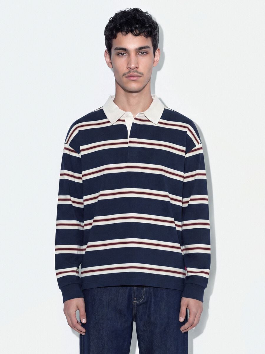 Polo rugby blu a righe in puro cotone con colletto classico_1