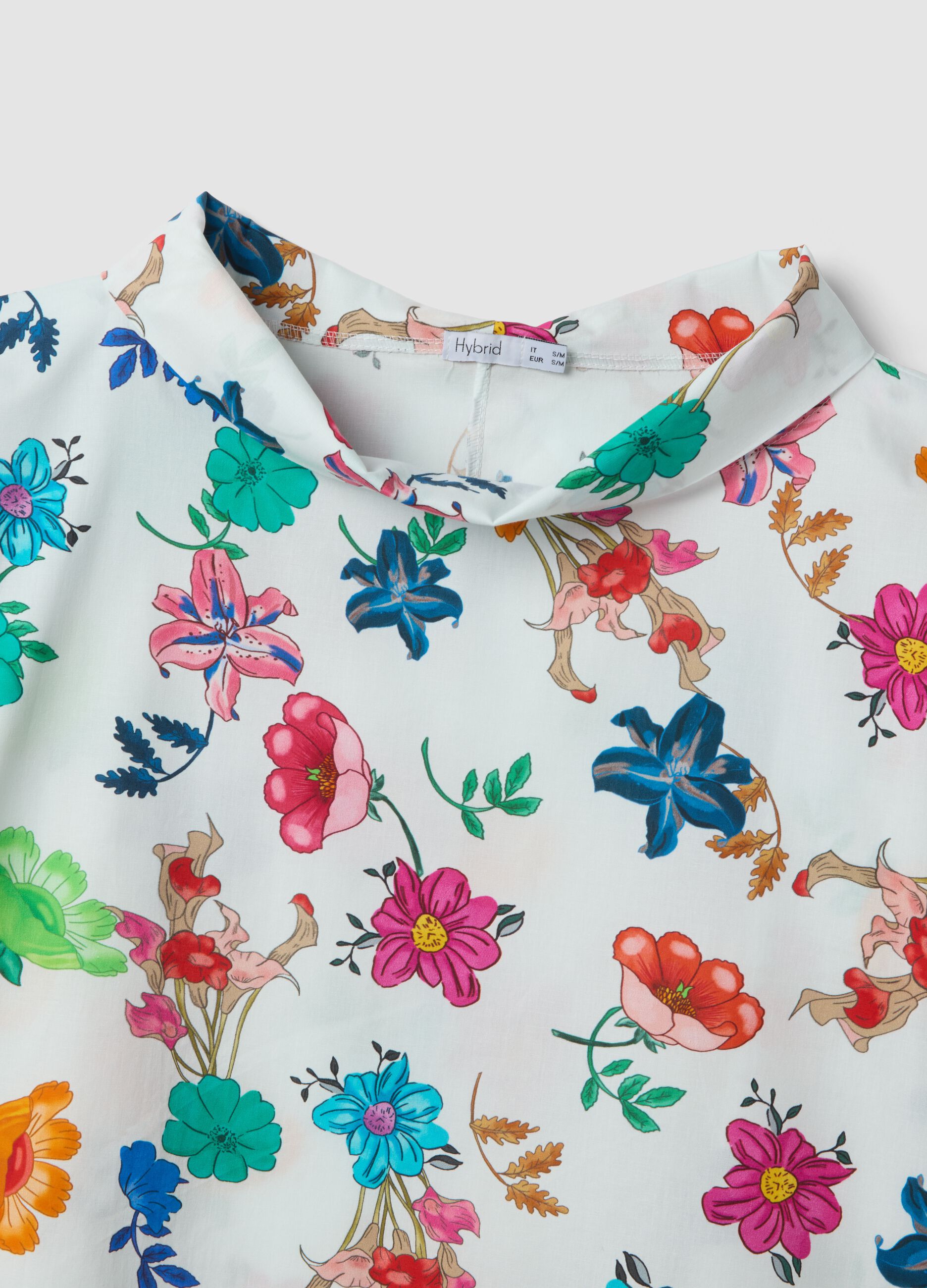 White stretch cotton top with floral print, regular fit