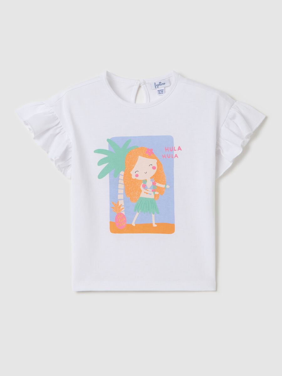 White cotton T-shirt with frills and print_0