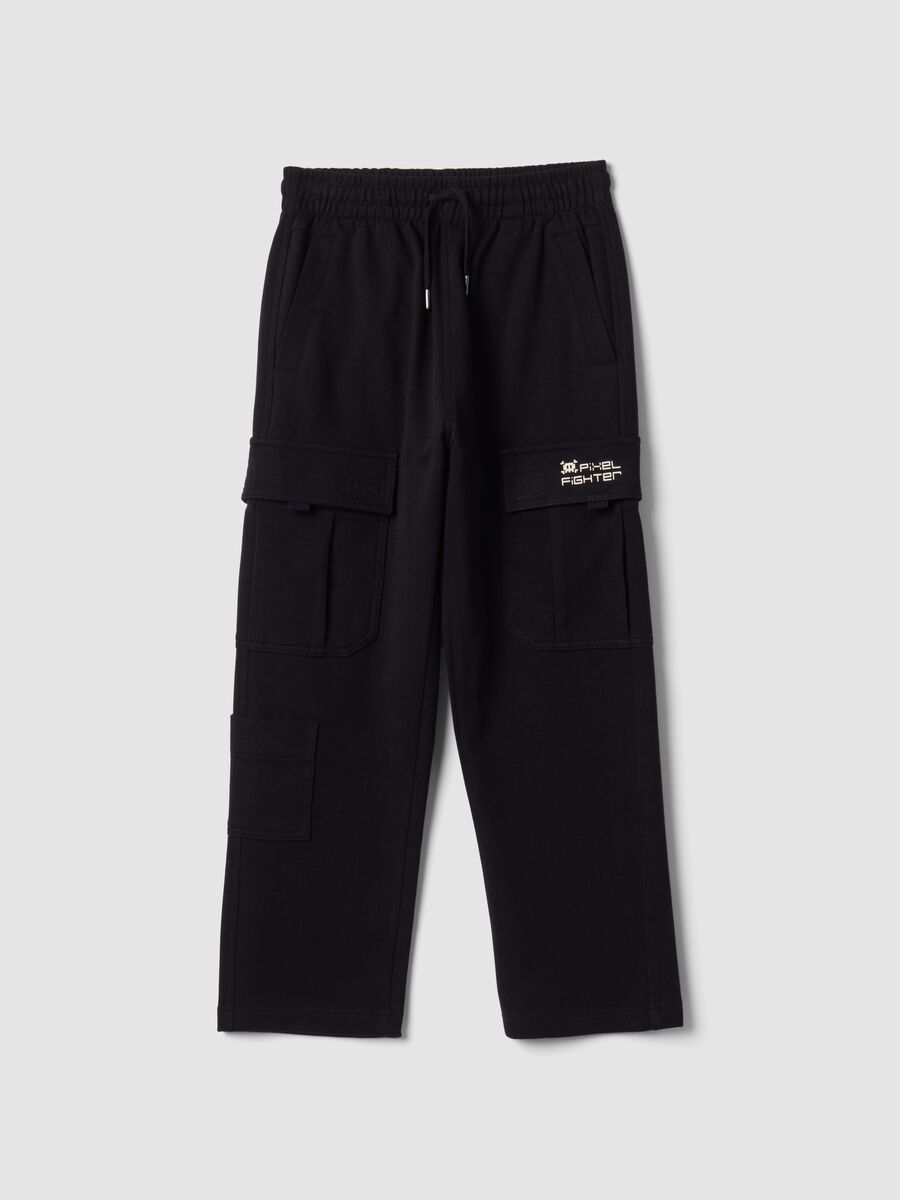 Black pure cotton cargo trousers with elasticated waist, oversized fit_0