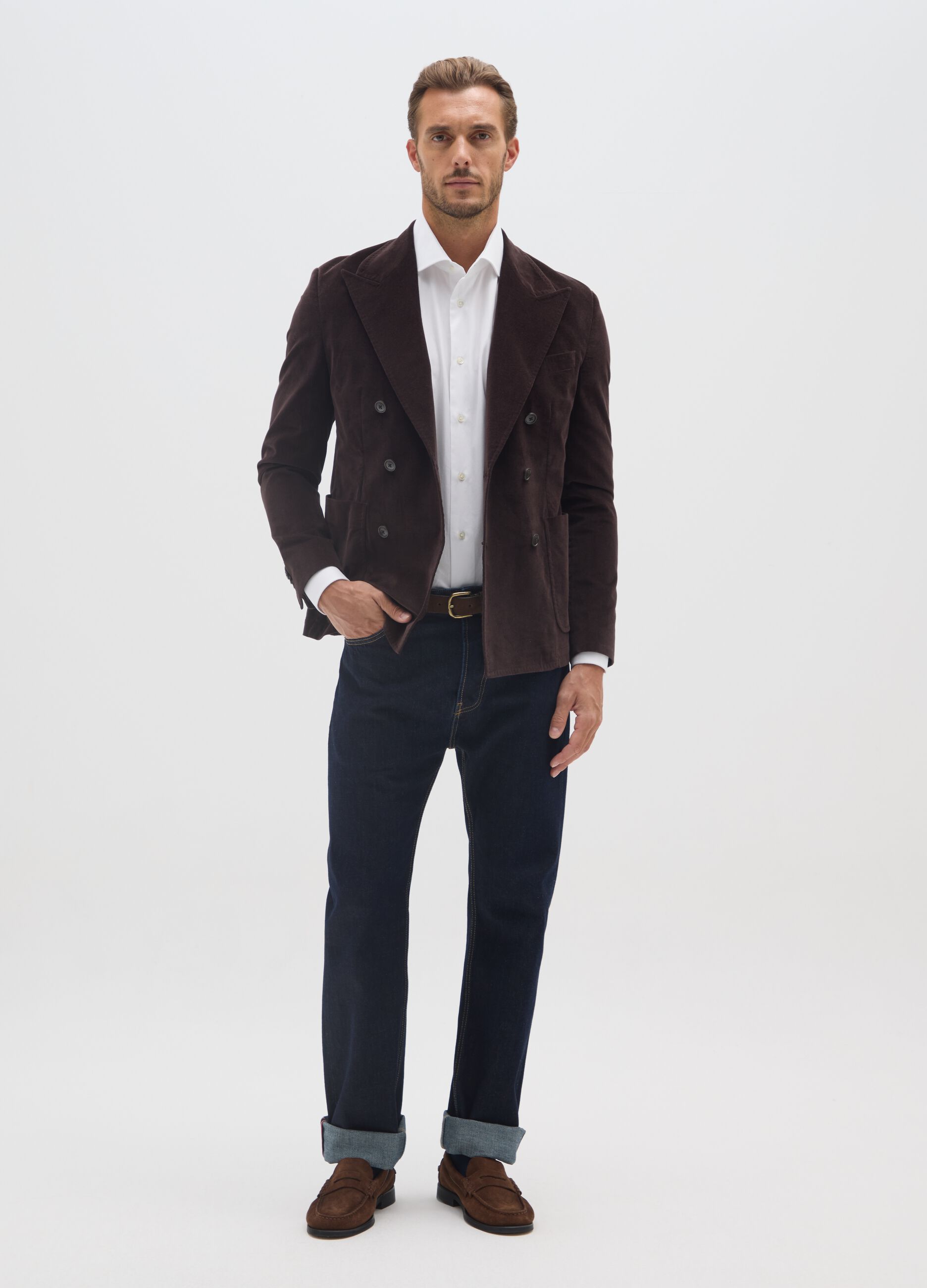 Blazer marrone in misto cotone e velluto a coste slim fit