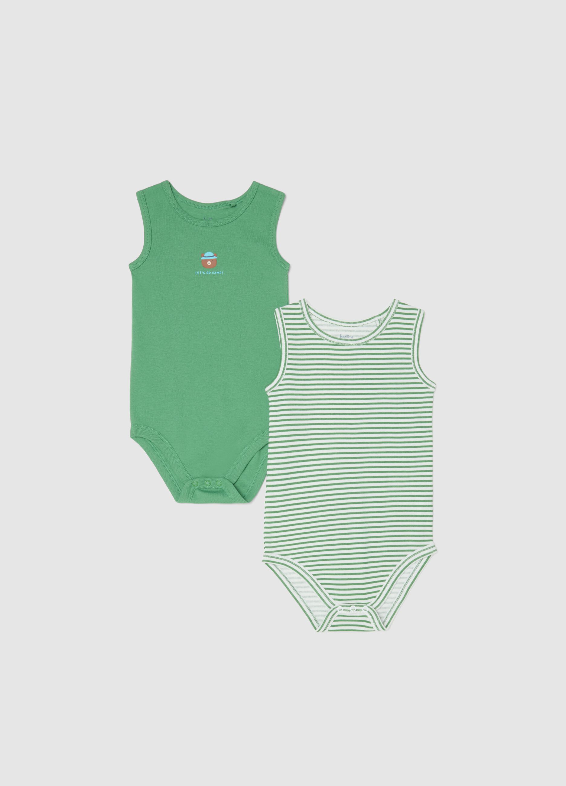 Sleeveless multicolour cotton baby bodysuit twin-pack