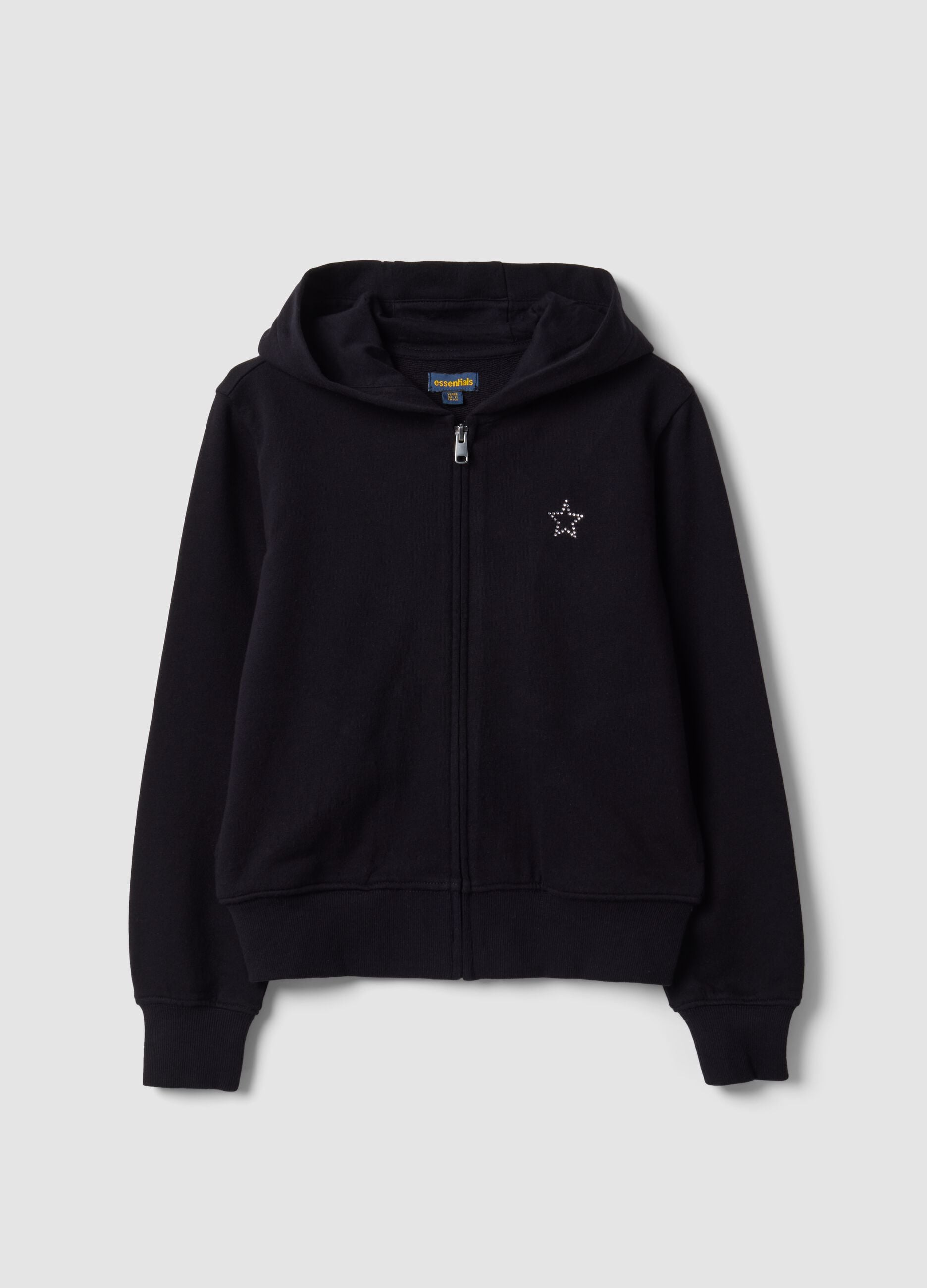 Black hooded sweatshirt in pure organic cotton with star for girls