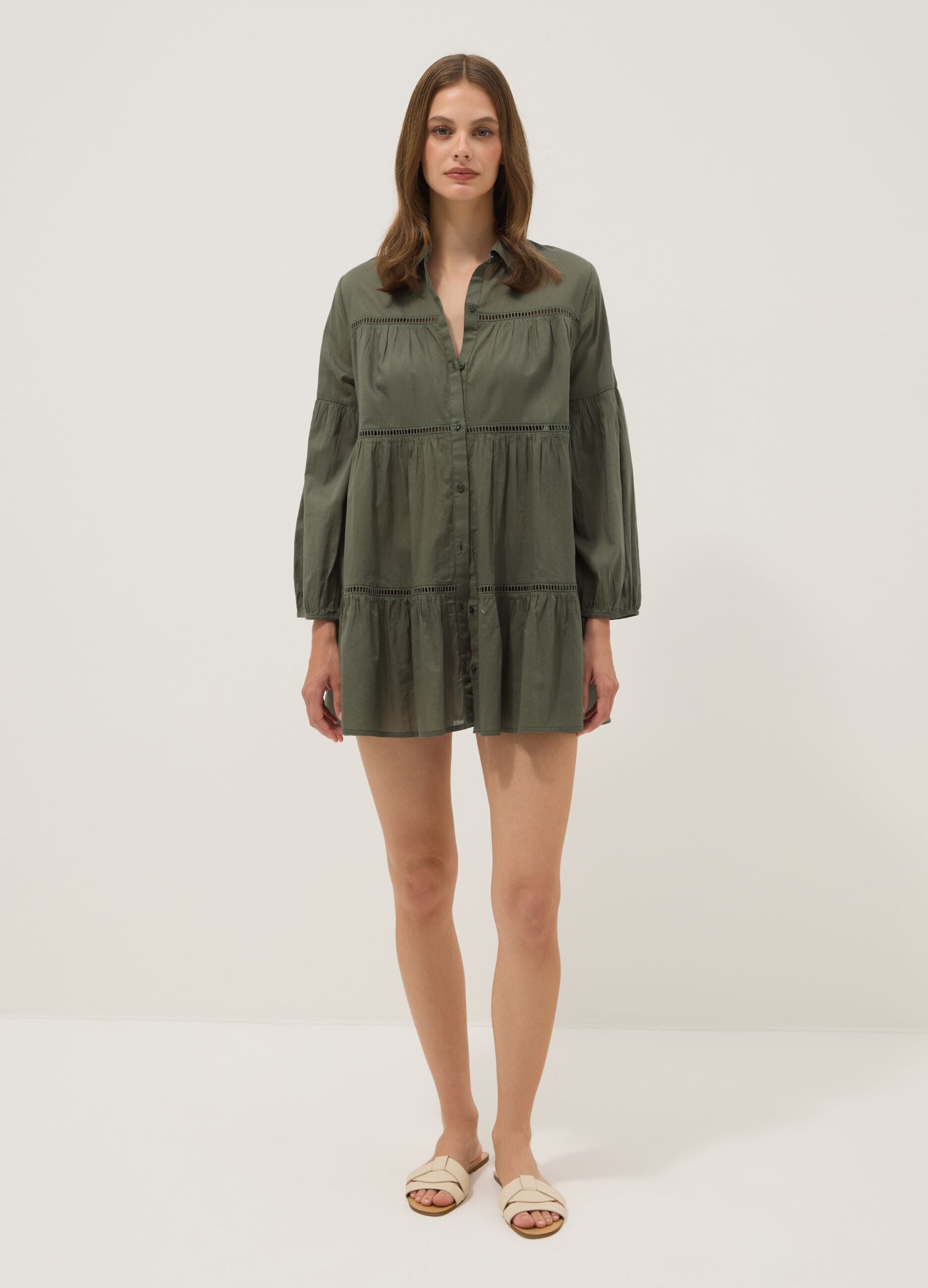 Green pure organic cotton kaftan with ruffles and broderie inserts
