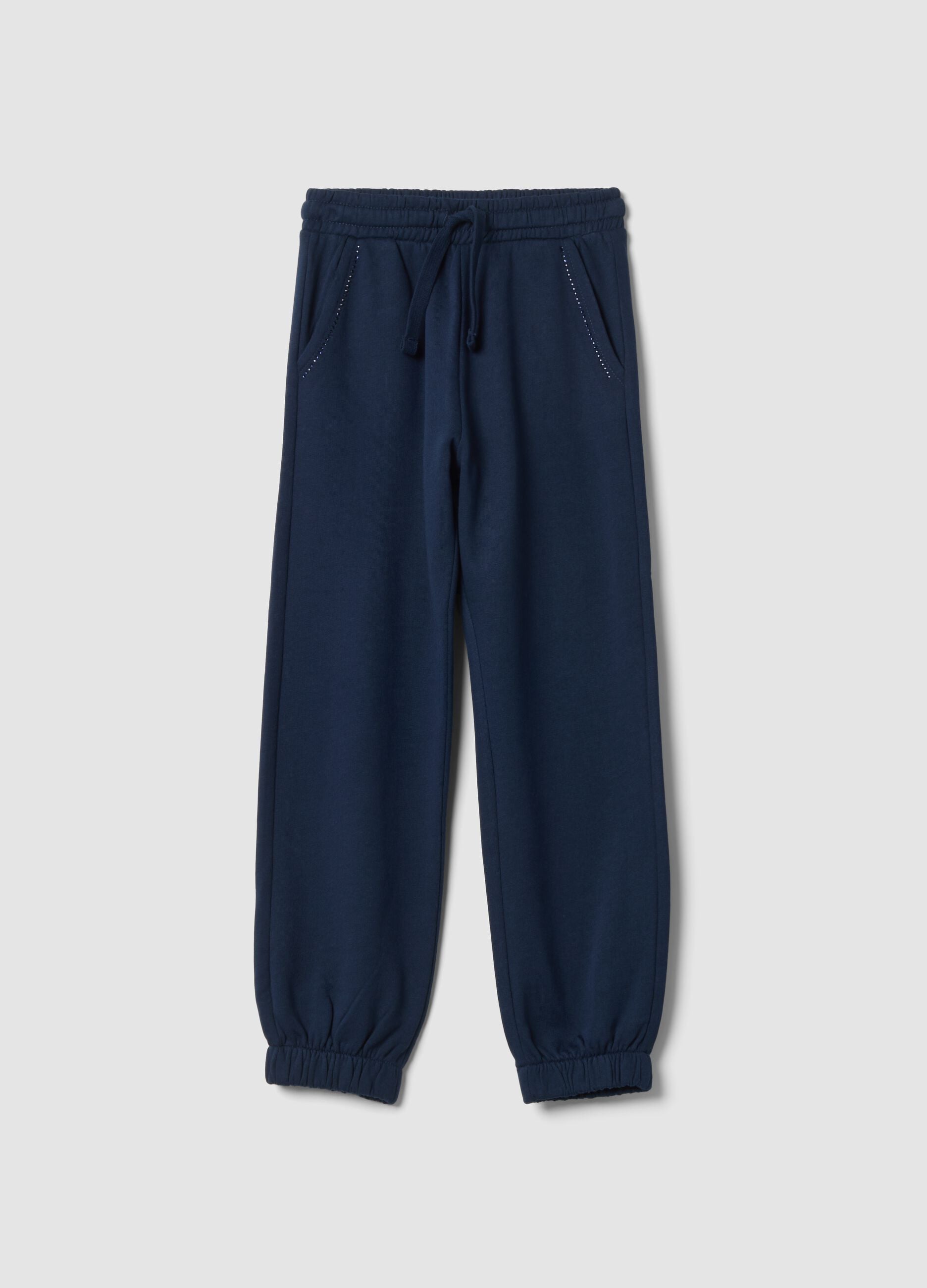 Navy blue pure cotton fleece joggers, regular fit