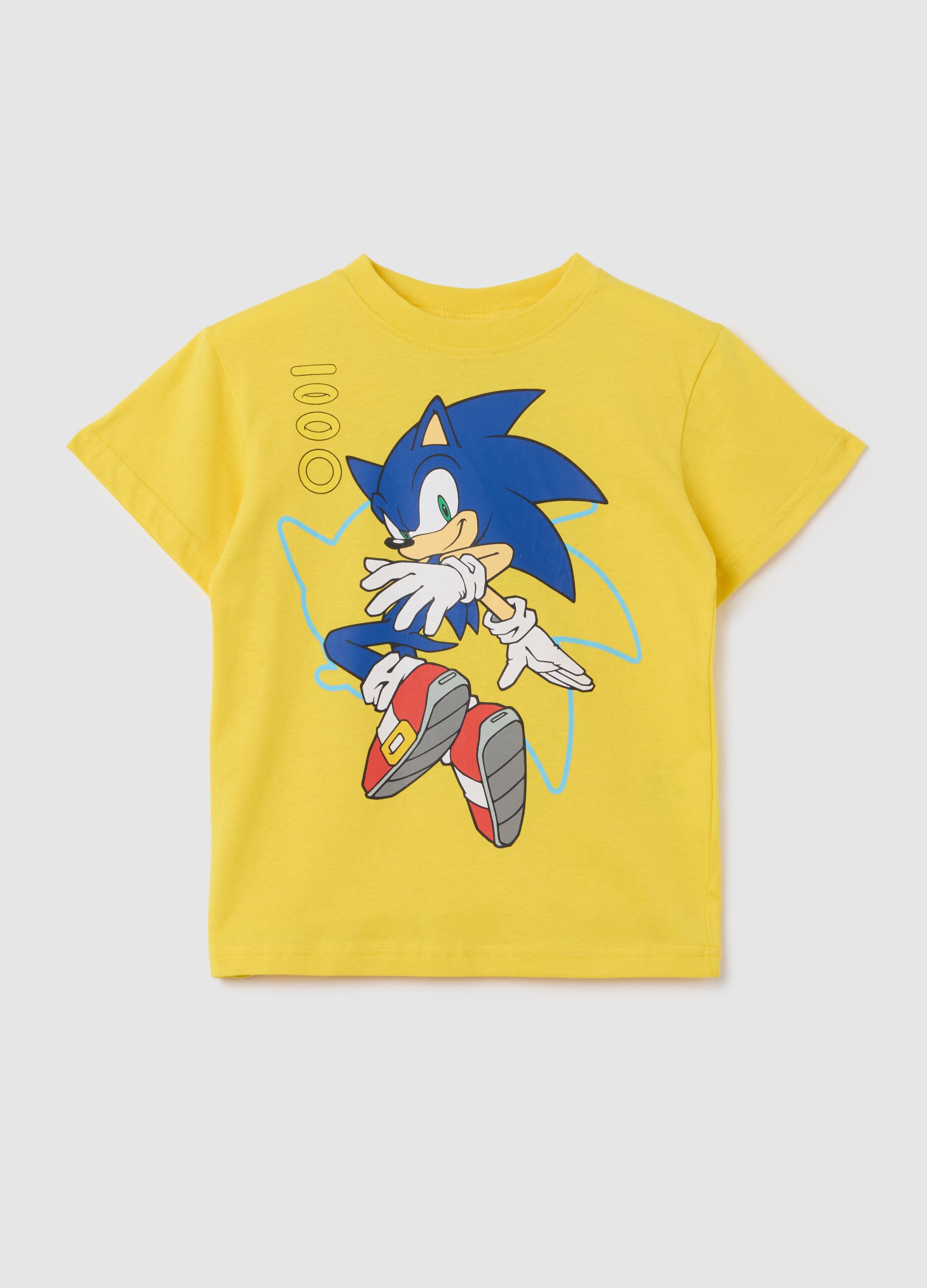 Yellow regular fit pure cotton kids' t-shirt with Sonic print