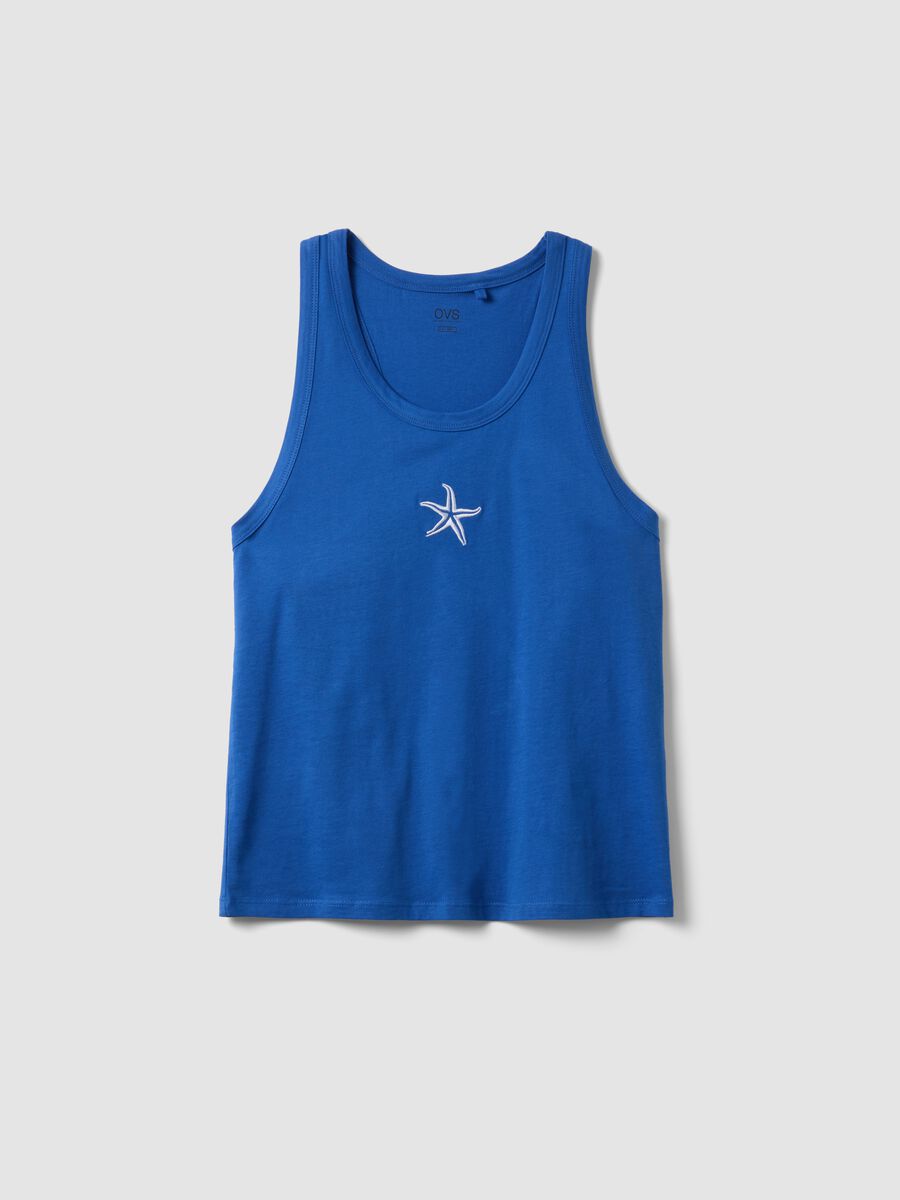 Canotta pigiama in puro cotone blu regular fit con ricamo_4