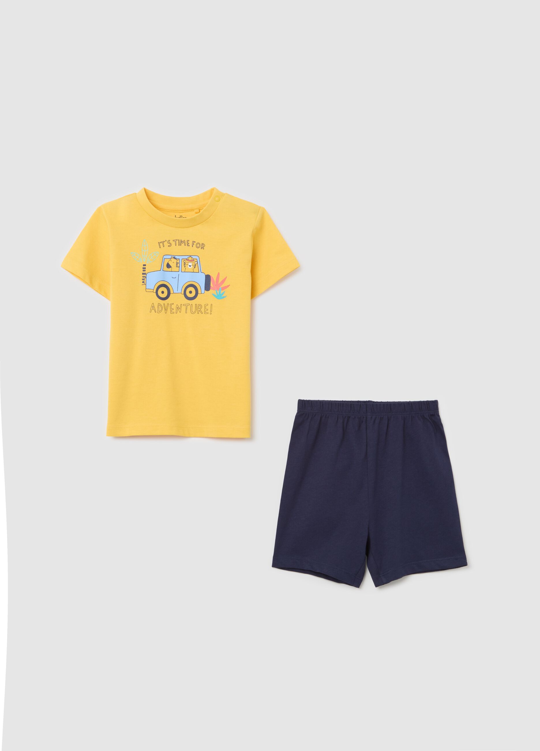 Pigiama giallo e blu in cotone con stampa