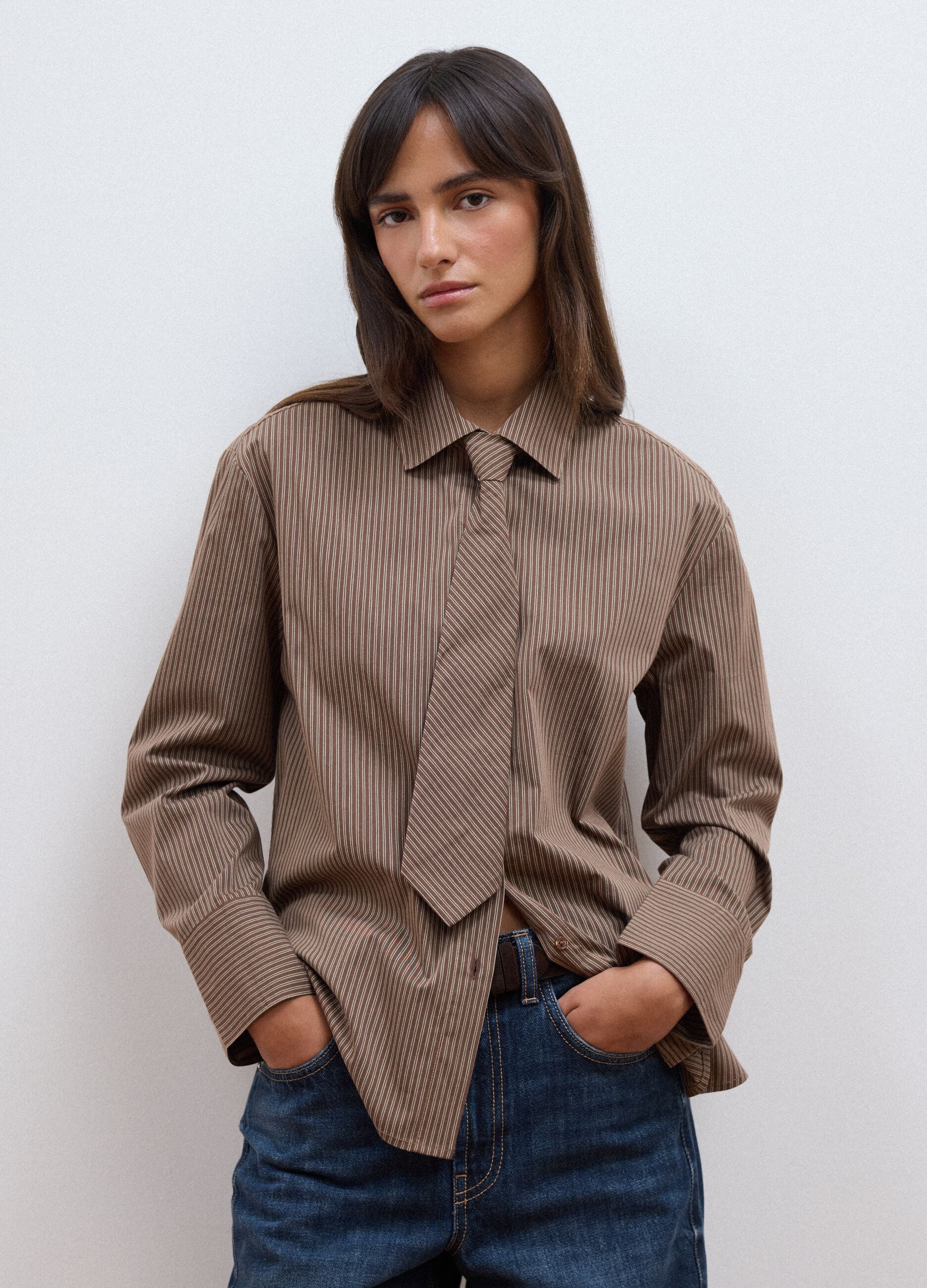 Brown striped stretch-cotton shirt with matching tie