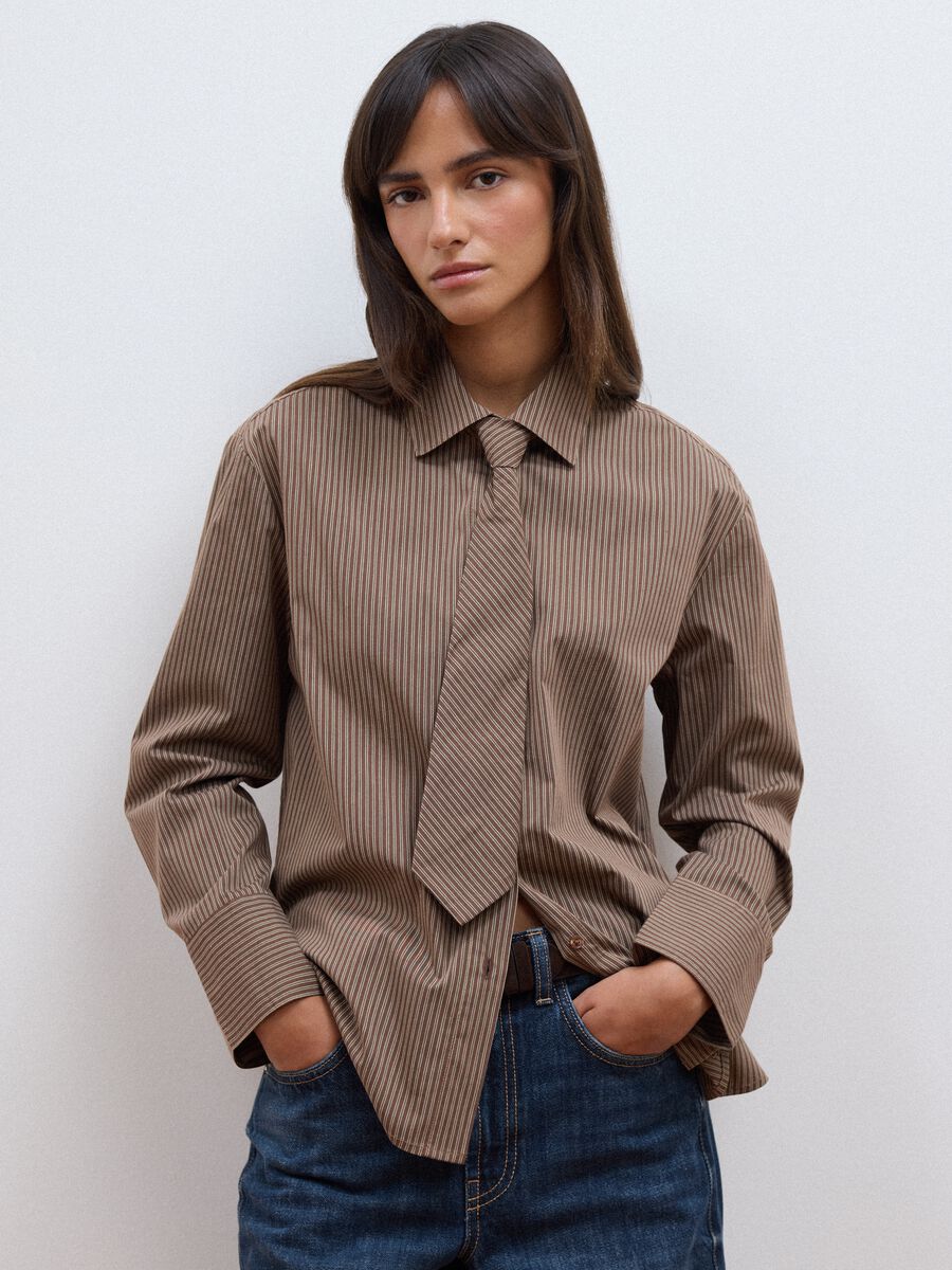 Brown striped stretch-cotton shirt with matching tie_0