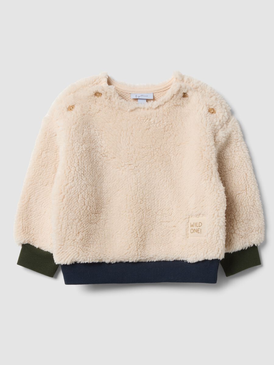 Felpa beige in cotone organico con girocollo per neonato_0