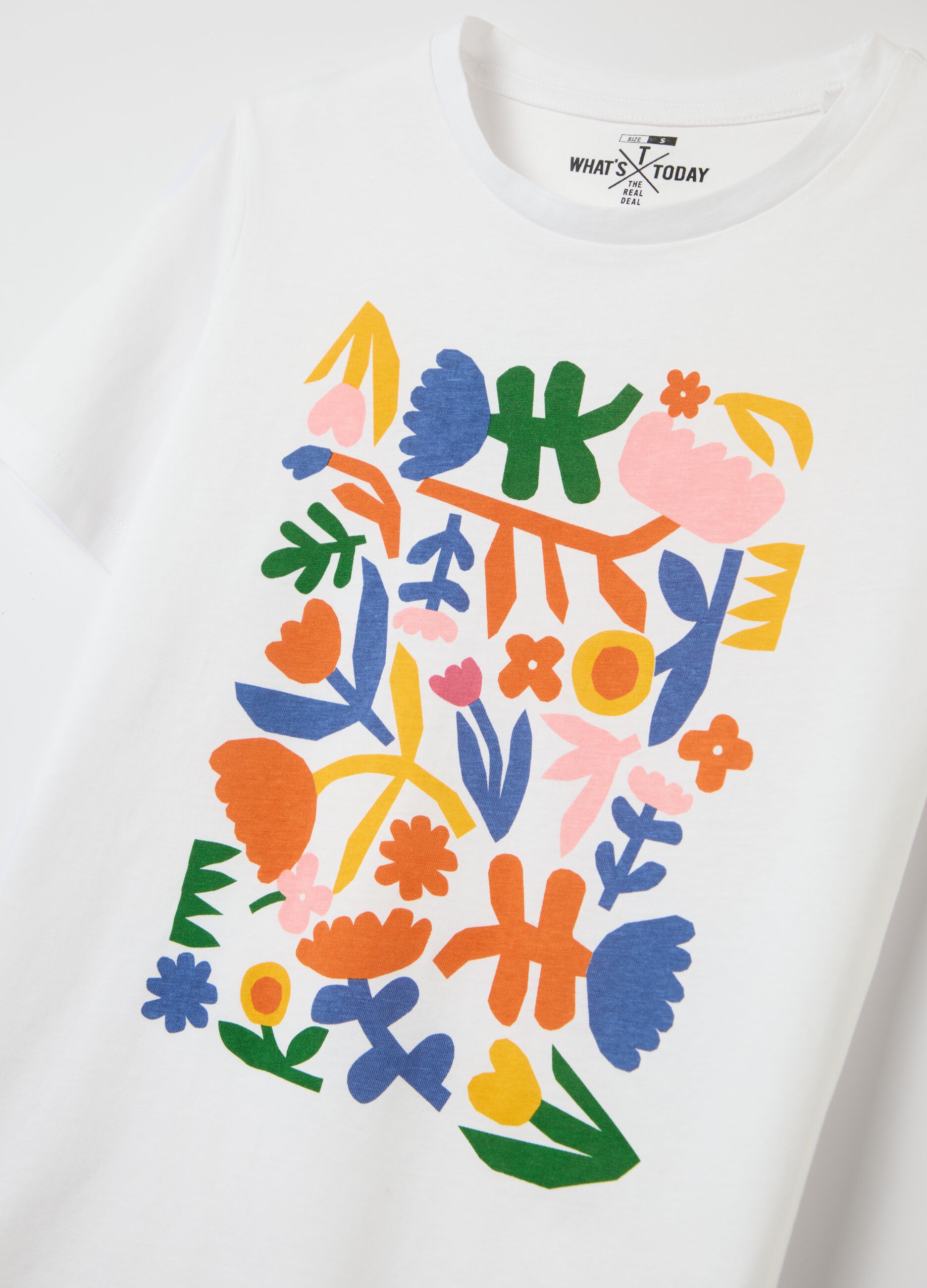 White cotton T-shirt with floral print