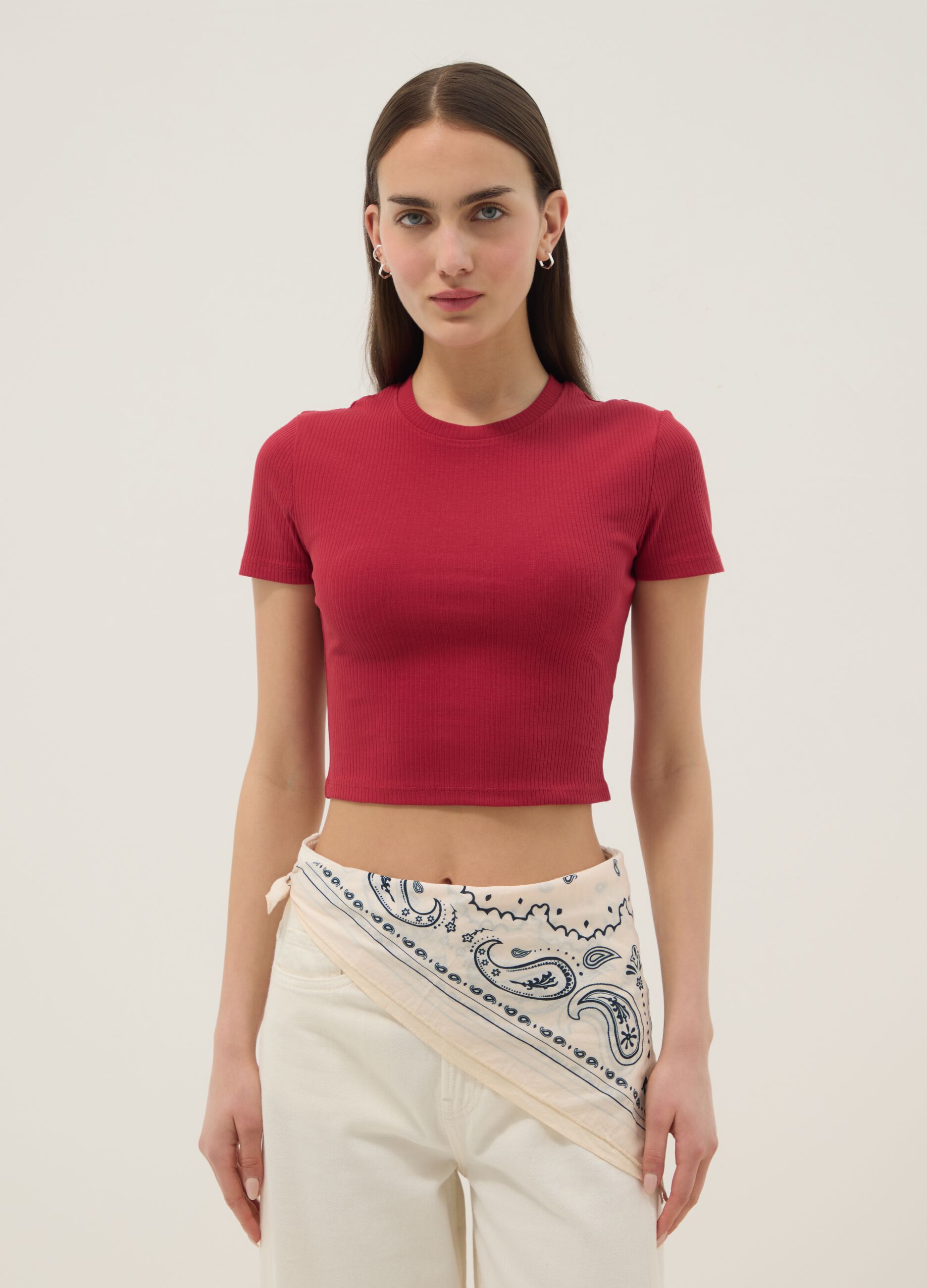 Red ribbed fitted stretch-cotton T-shirt