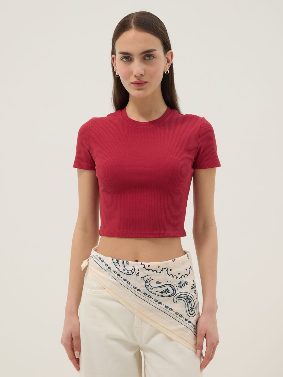 T-shirt fitted in cotone elasticizzato rossa a costine_1