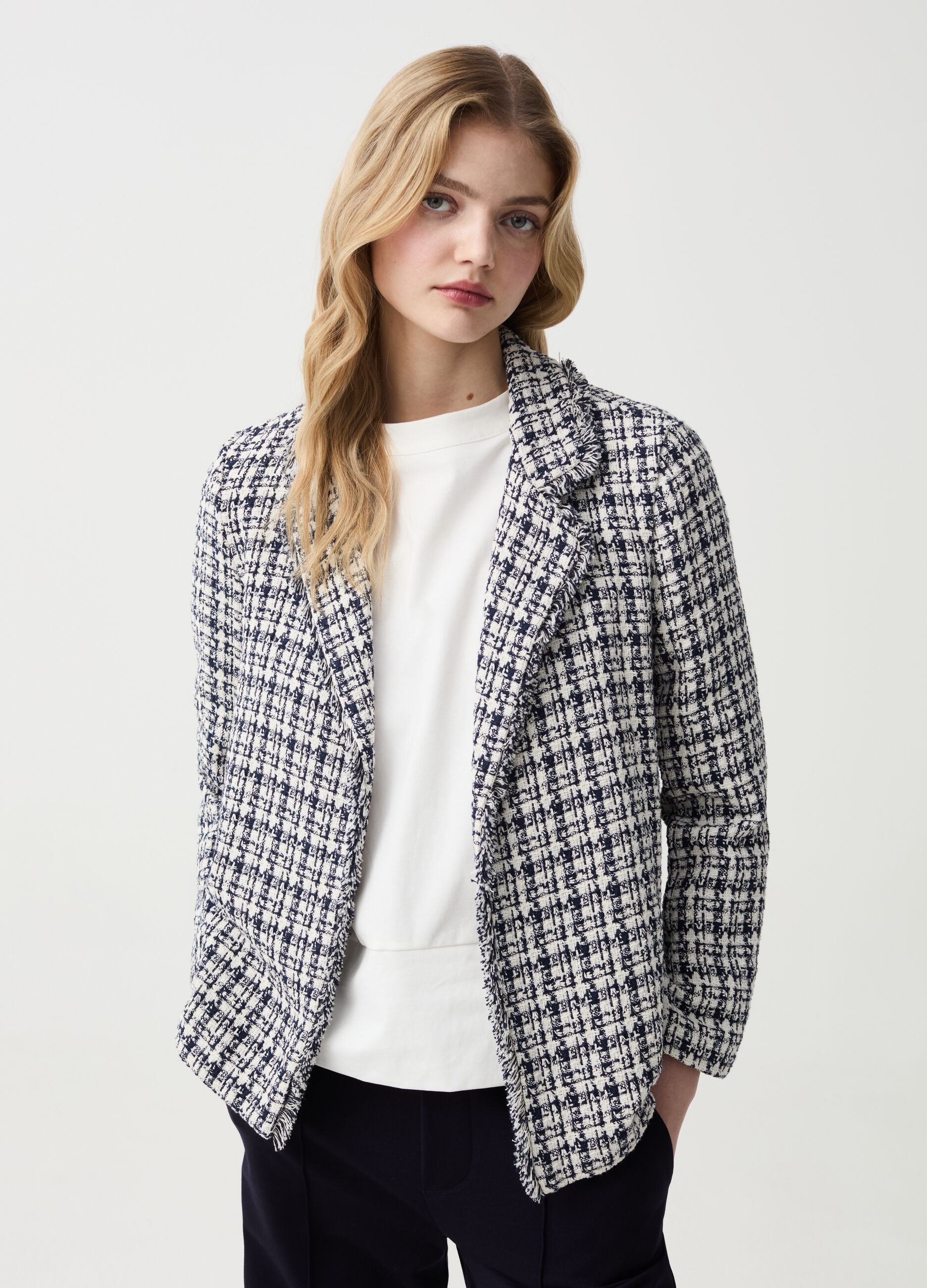 Open blazer with fringing in check tweed