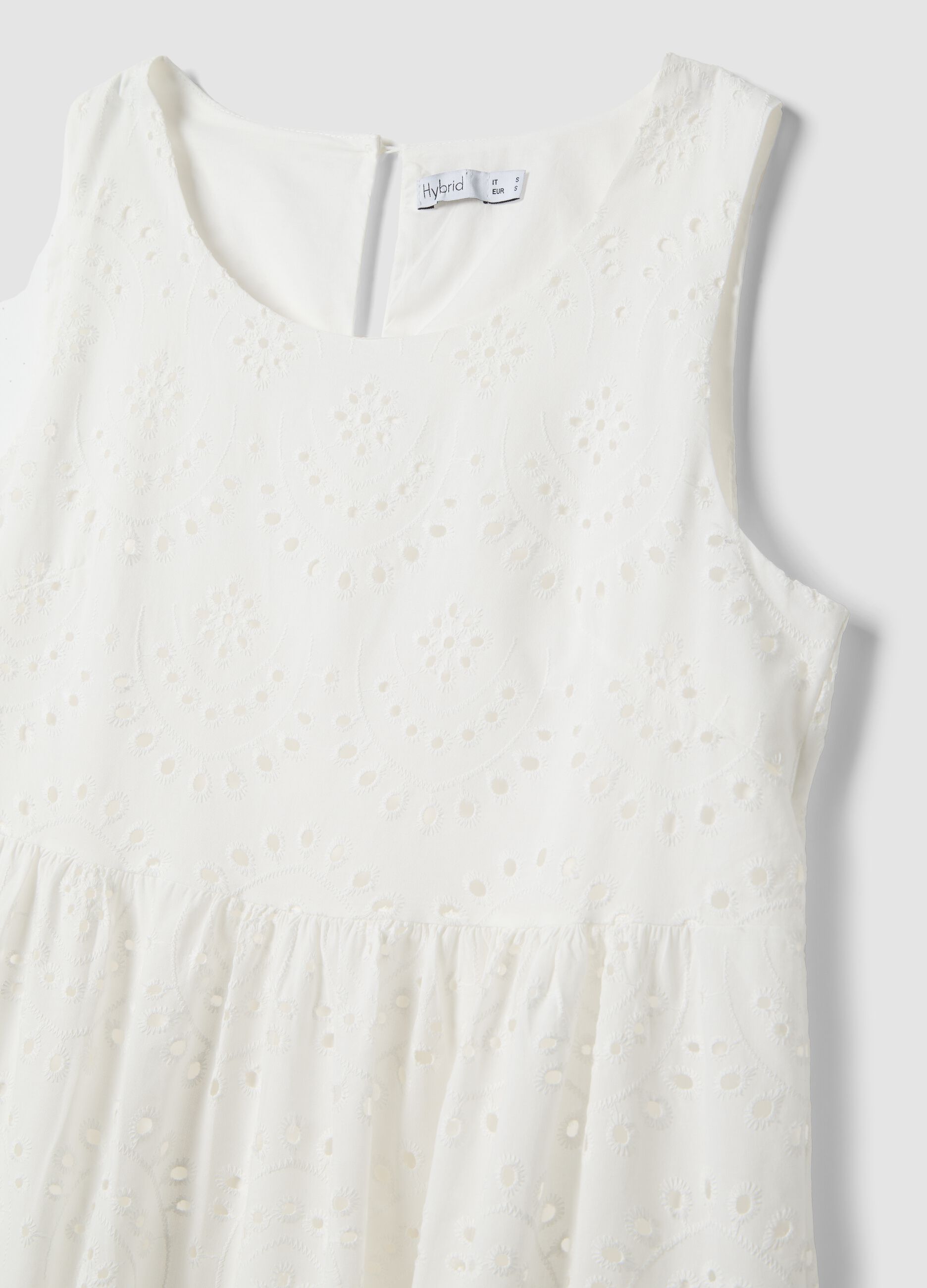 White sleeveless pure cotton broderie dress, regular fit