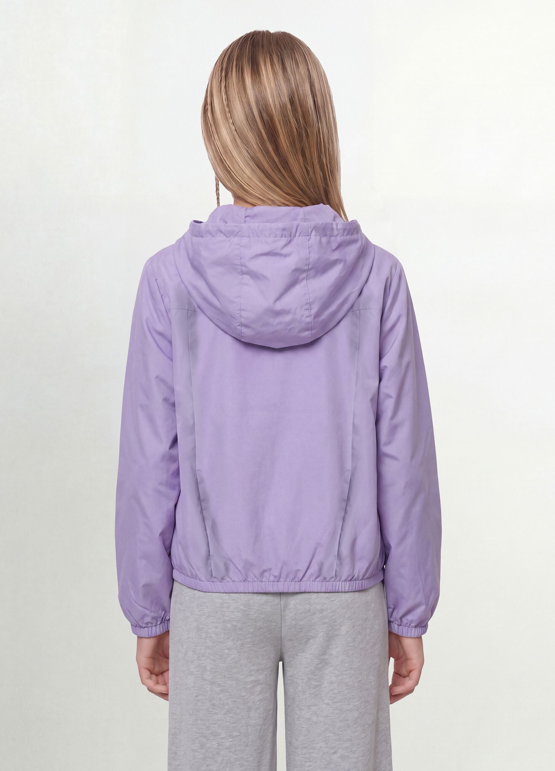Purple hooded rain jacket with zip for girls