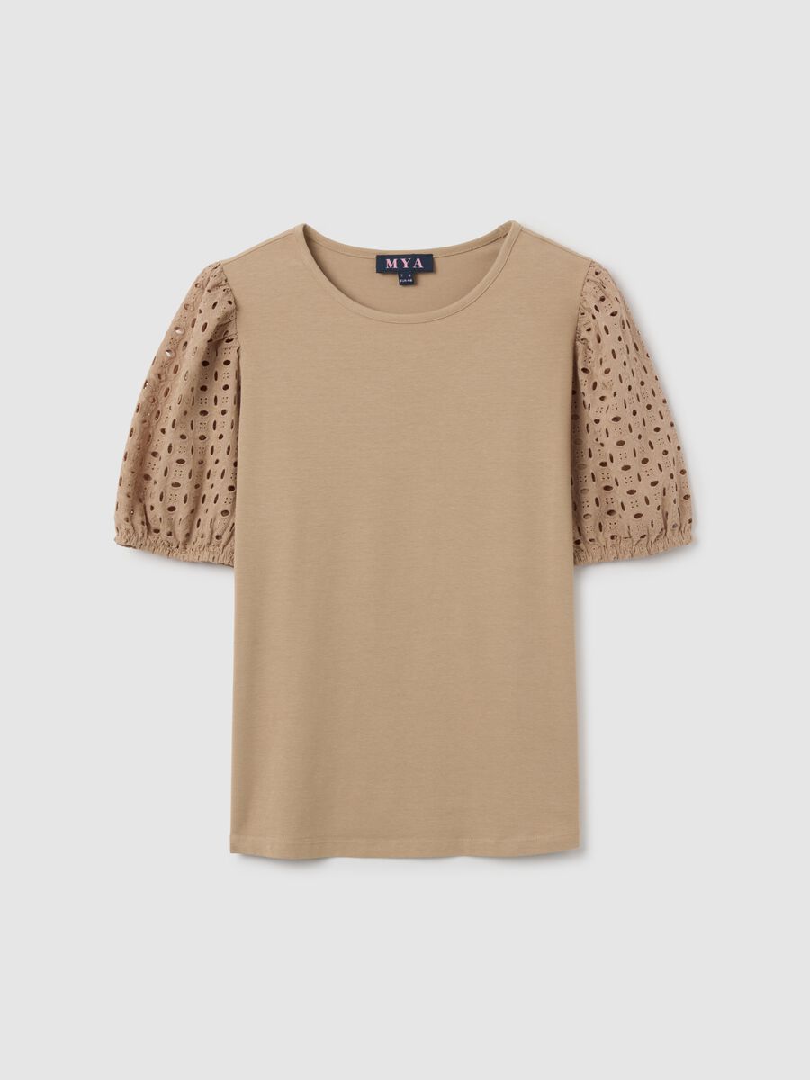Beige regular fit women's cotton T-shirt with puff sleeves_0