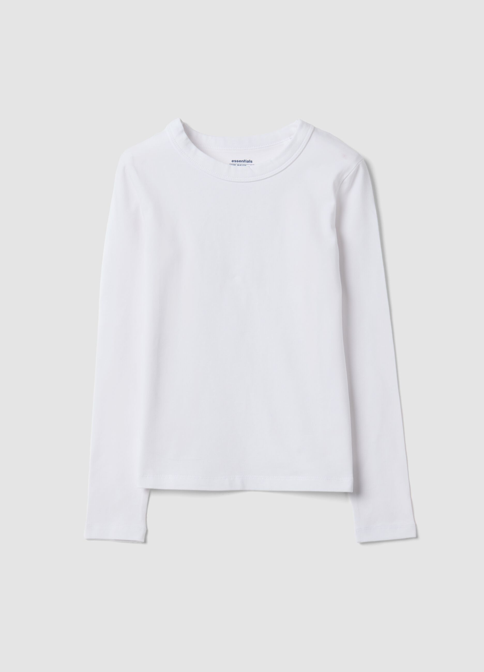 T-shirt bianca in cotone organico e viscosa elasticizzato con collo a costine per ragazza