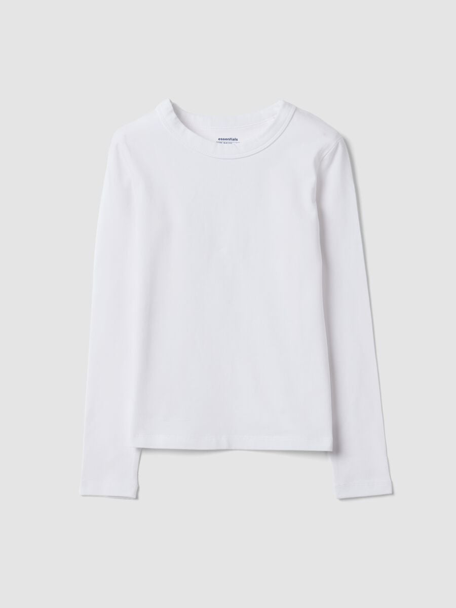 T-shirt bianca in cotone organico e viscosa elasticizzato con collo a costine per ragazza_4