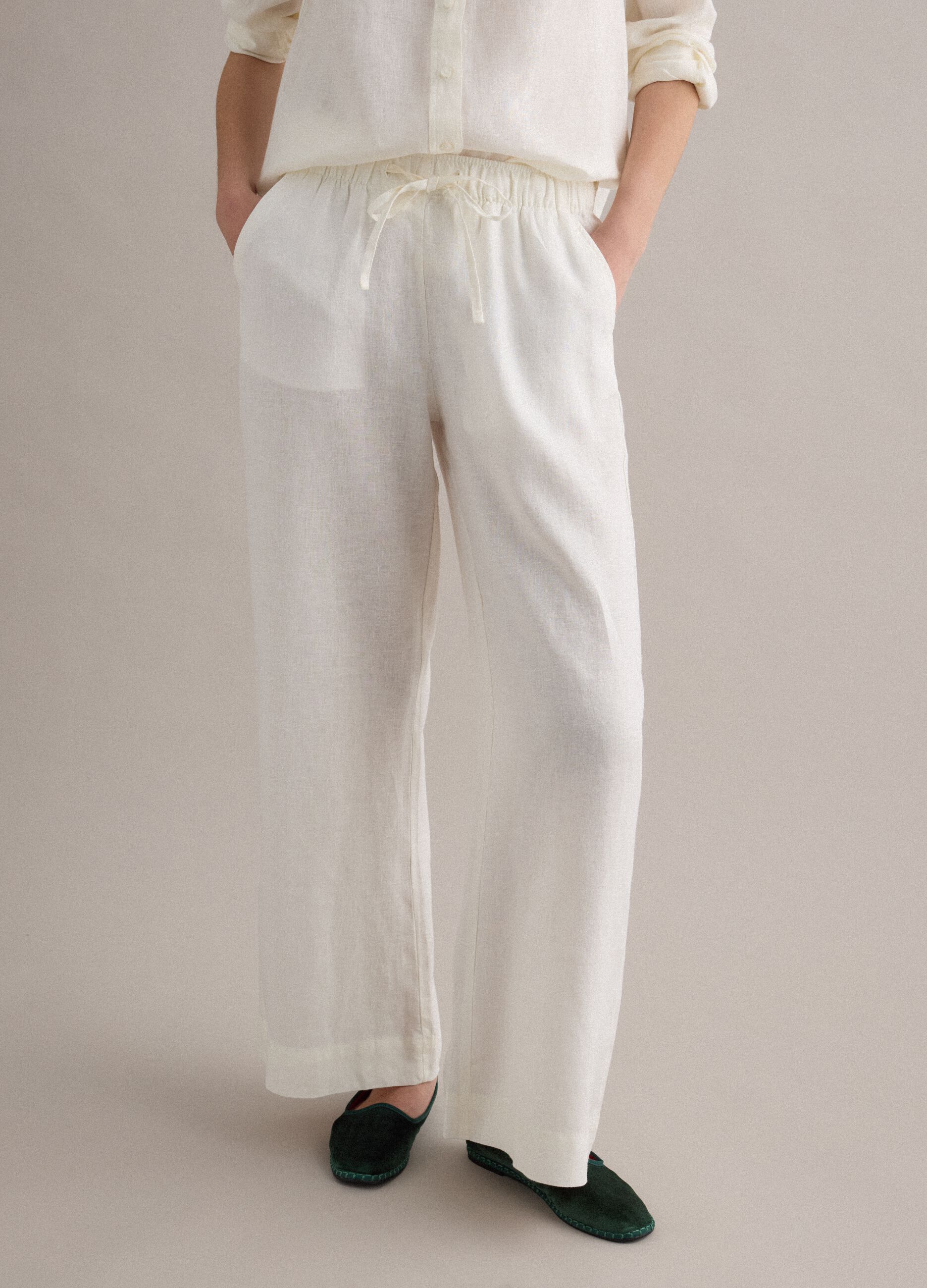 White pure linen straight-fit drawstring trousers