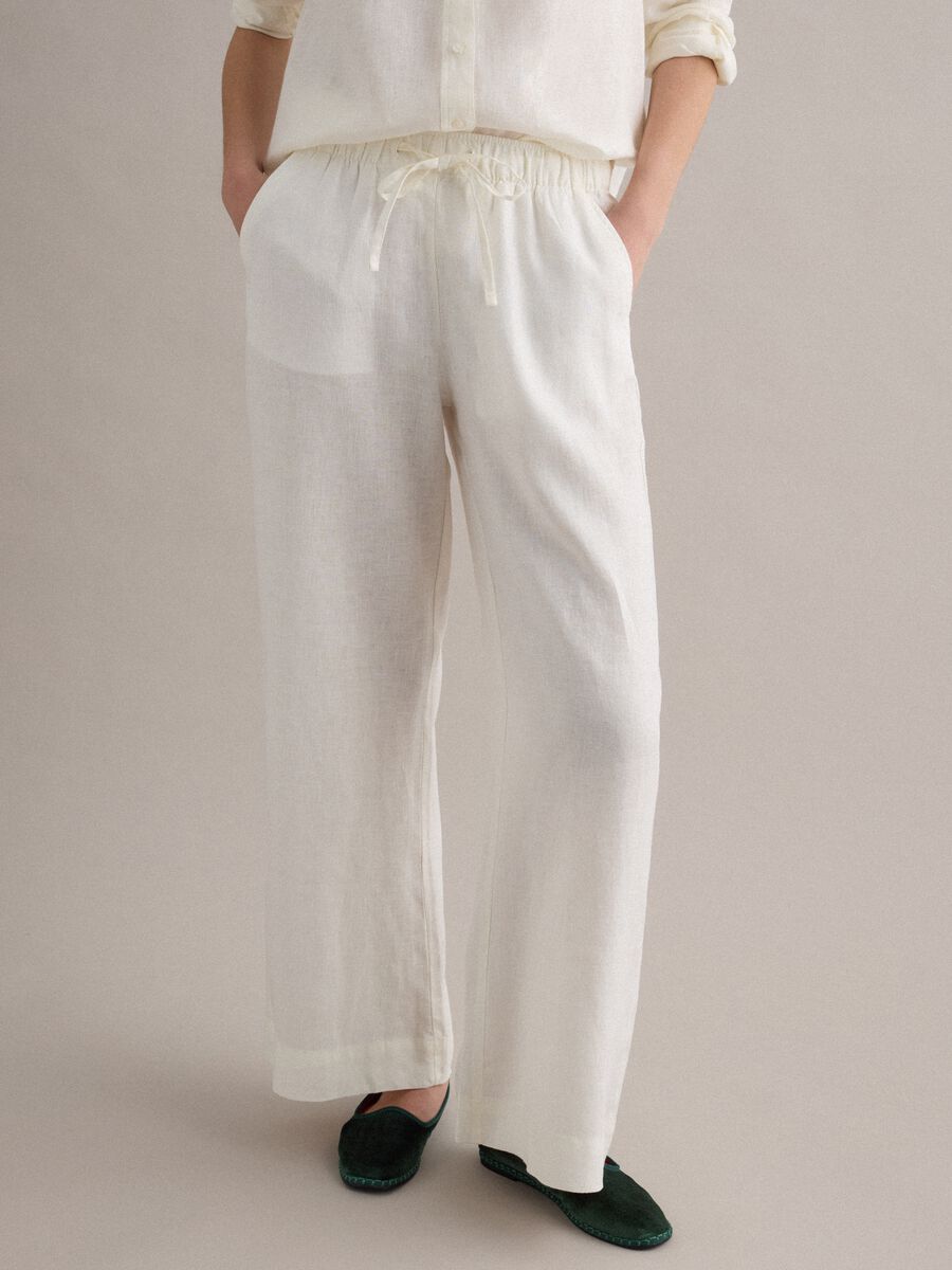 Pantaloni bianchi in puro lino con coulisse straight fit_2