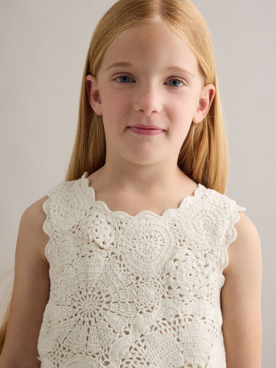 Girls&rsquo; white pure cotton tank top with floral open-knit pattern_2