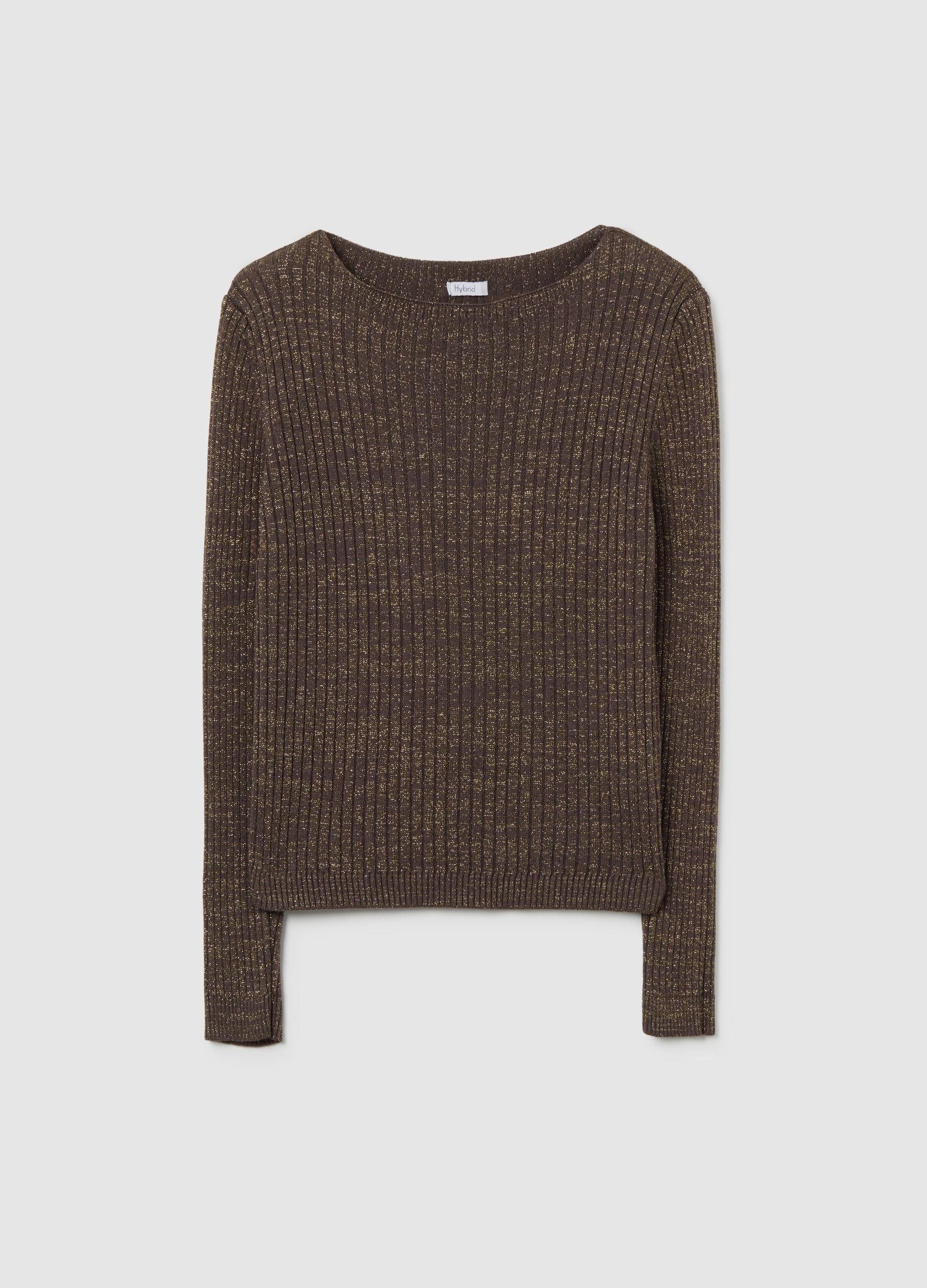 Brown Ribbed Jumper with Metallic Fibres